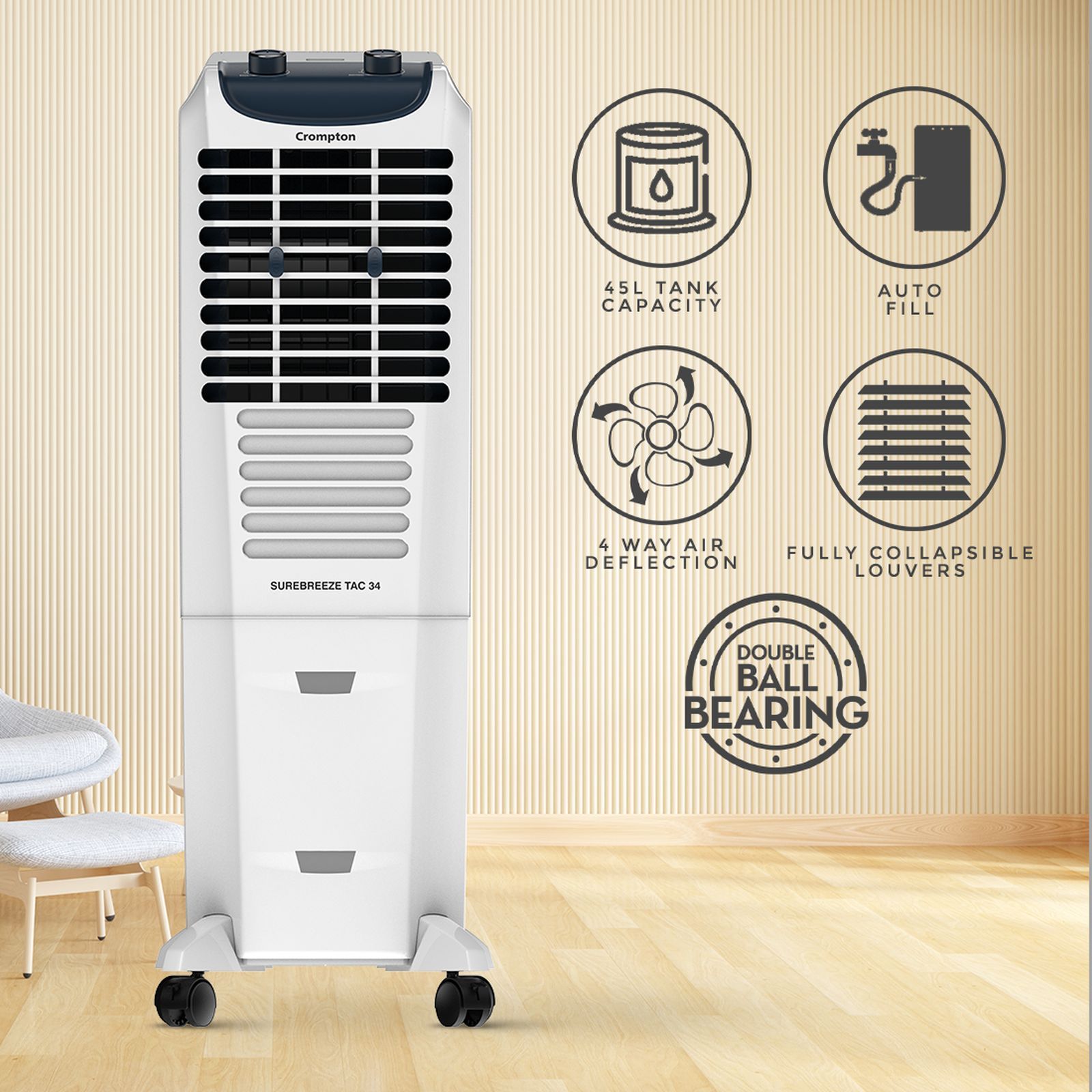Crompton Surebreeze 34 Litres Tower Air Cooler with Overload Protection (4 Way Air Deflection, White & Black)_10