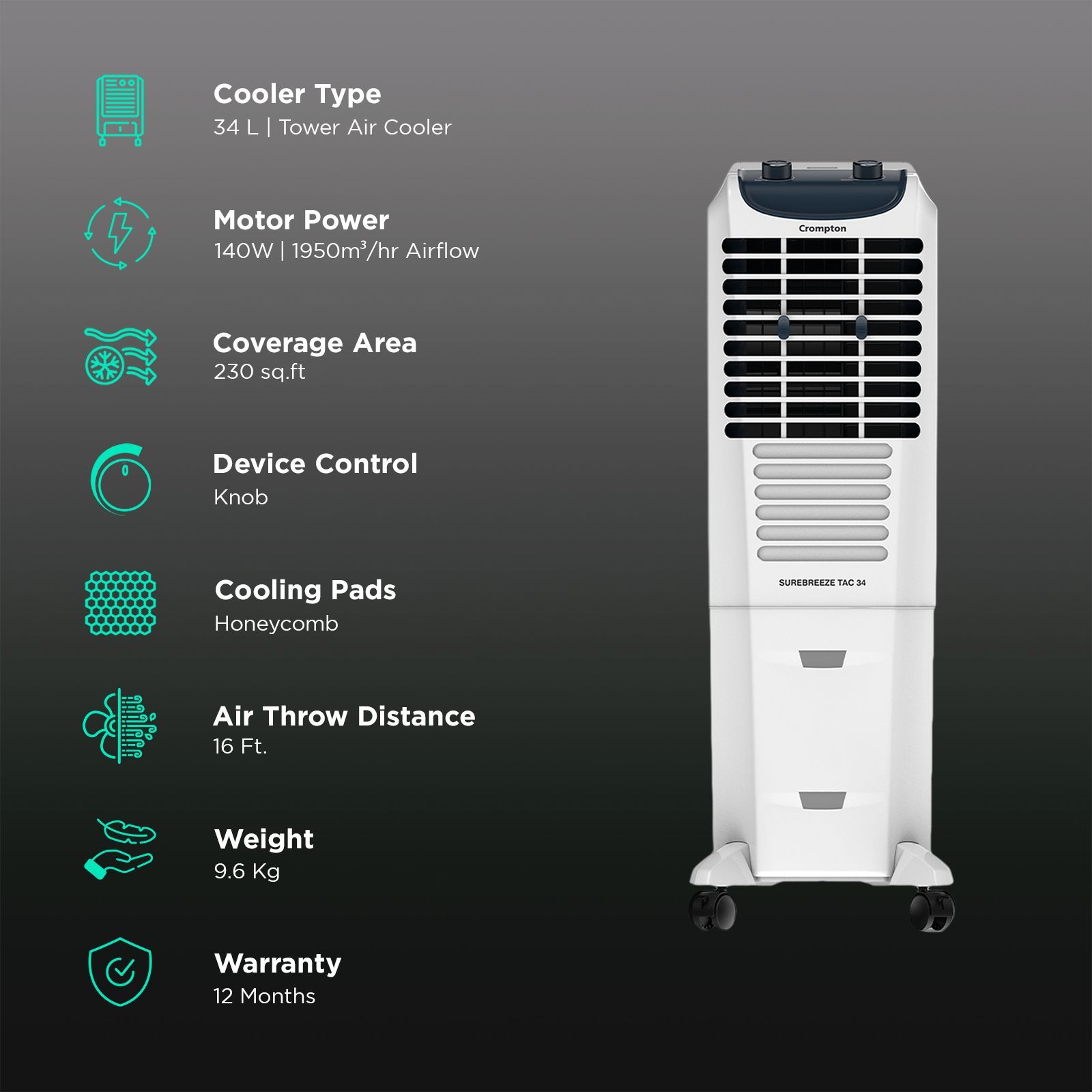 Crompton Surebreeze 34 Litres Tower Air Cooler with Overload Protection (4 Way Air Deflection, White & Black)_3