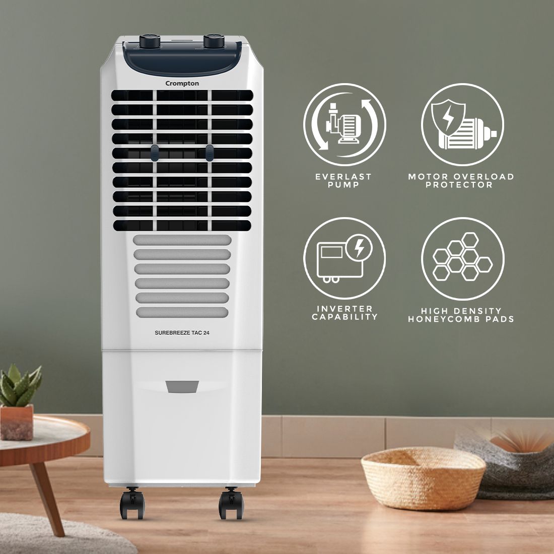 Crompton Surebreeze 24 Litres Tower Air Cooler with Overload Protection (4-Way Air Deflection, White & Black)_8