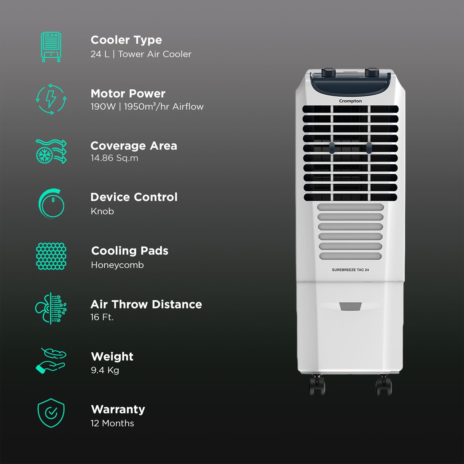 Crompton Surebreeze 24 Litres Tower Air Cooler with Overload Protection (4-Way Air Deflection, White & Black)_3