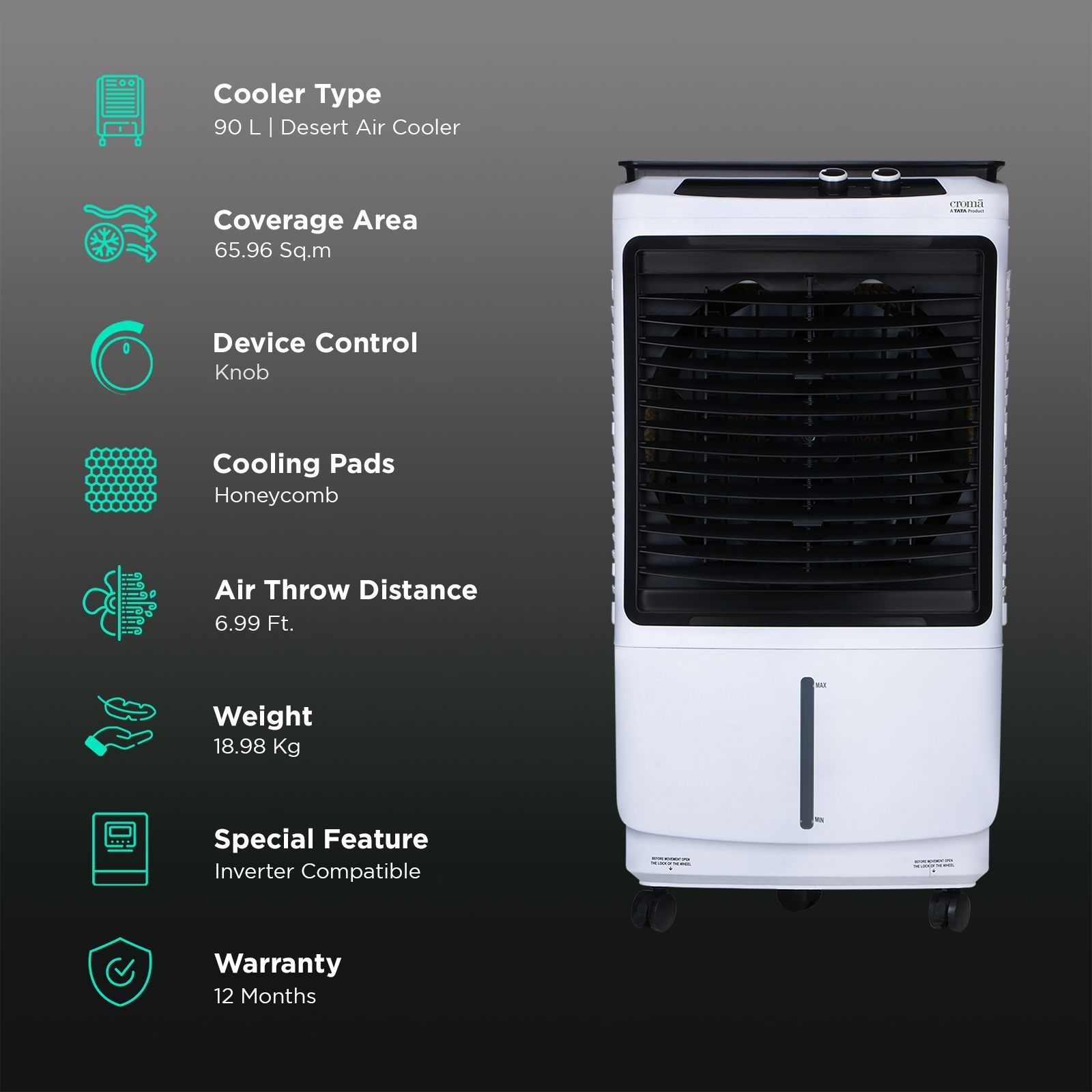 Croma 90 Litres Desert Air Cooler with 4 Way Air Deflection (Inverter Compatible, White)_3