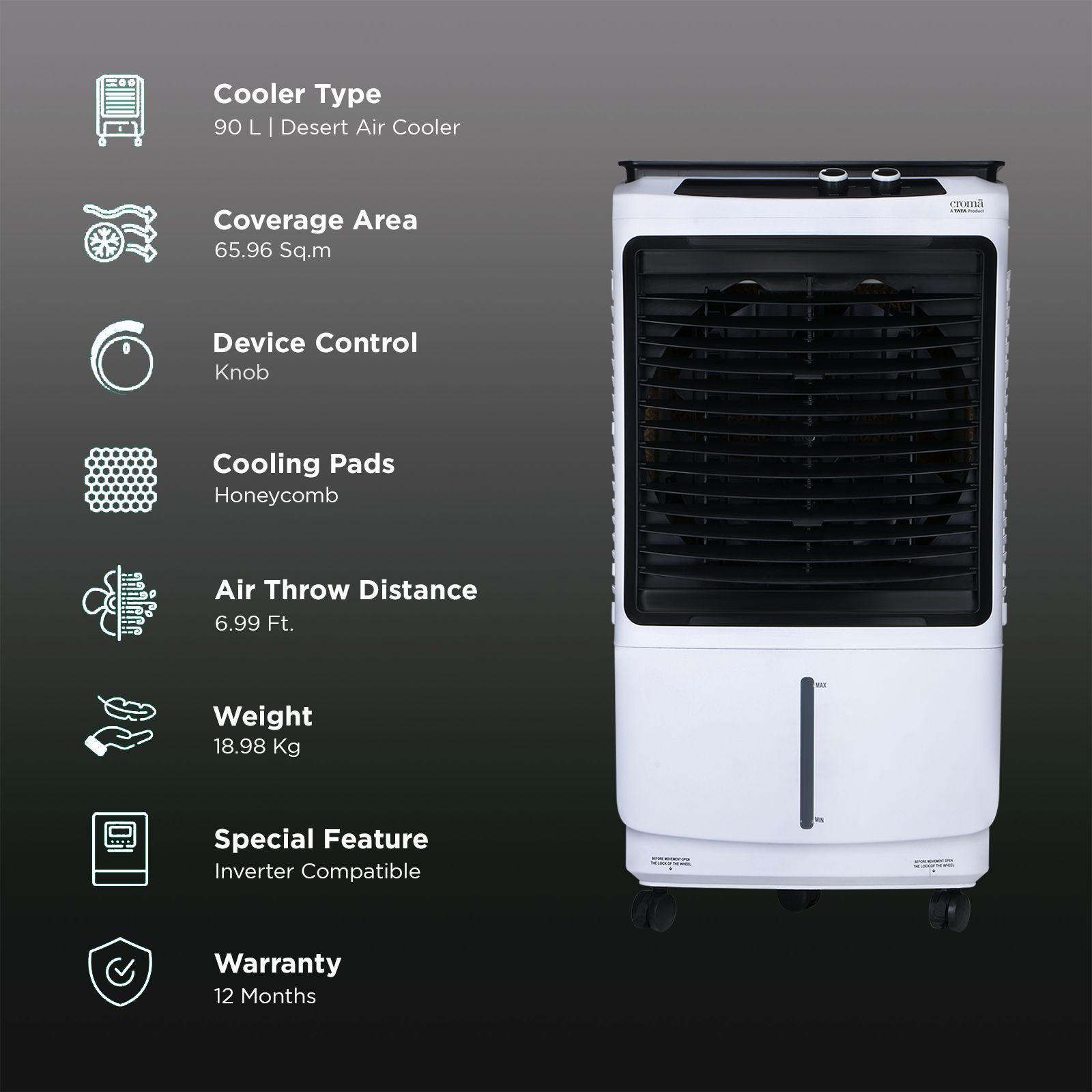 Croma 90 Litres Desert Air Cooler with 4 Way Air Deflection (Inverter Compatible, White)_3