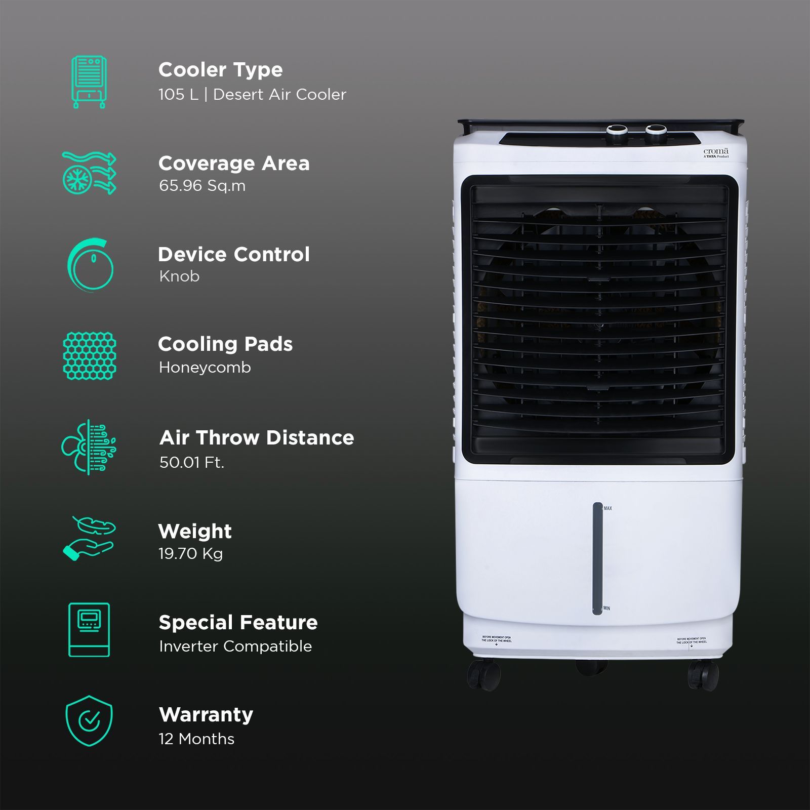 Croma 105 Litres Desert Air Cooler with 4 Way Air Deflection (Inverter Compatible, White, 2025 model)_3