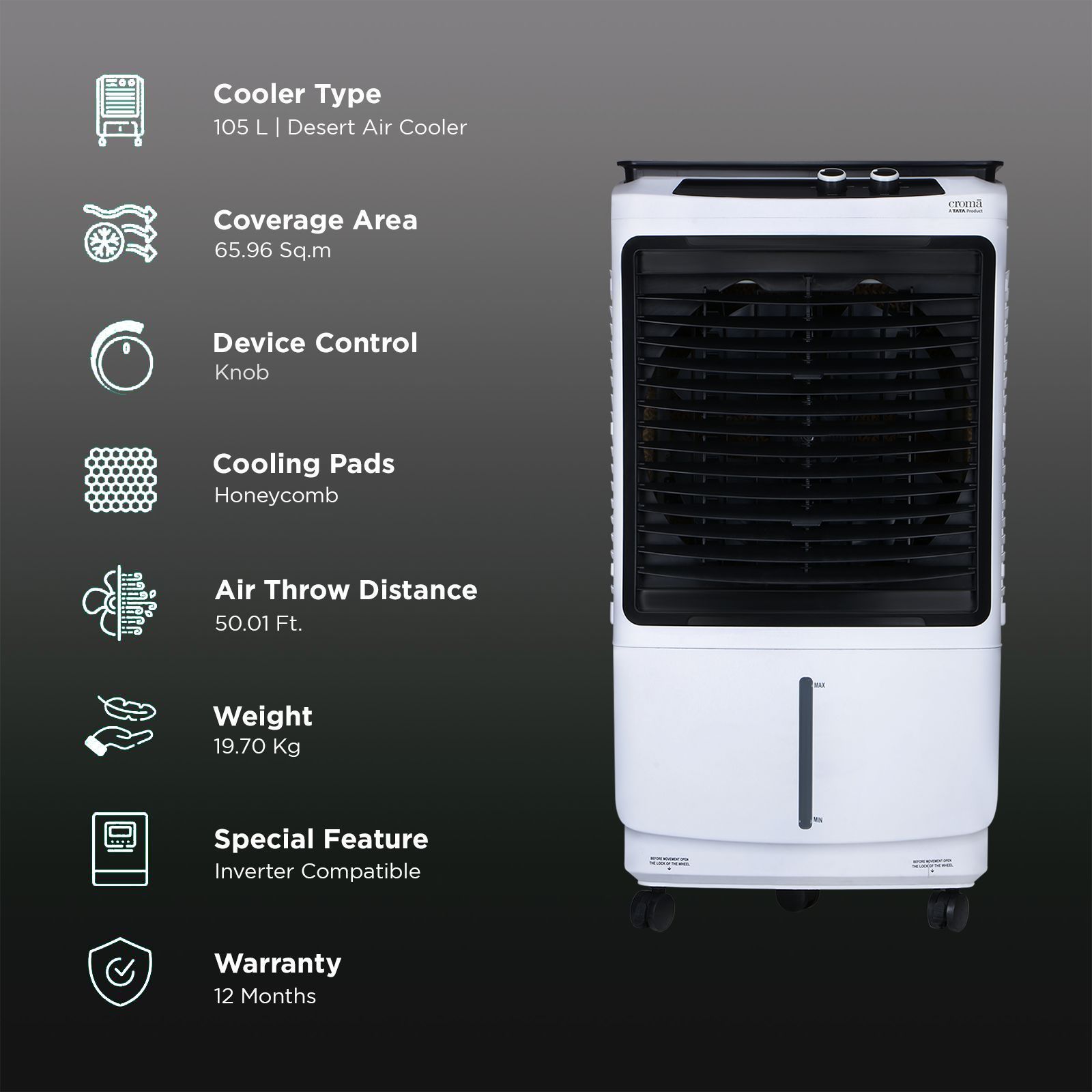 Croma 105 Litres Desert Air Cooler with 4 Way Air Deflection (Inverter Compatible, White)_3