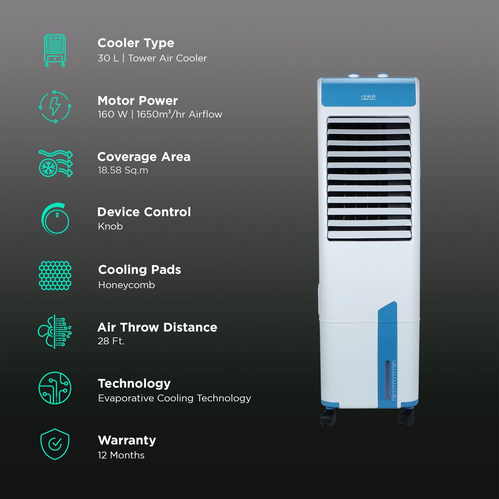 Croma 30 Litres Tower Air Cooler with Evaporative Cooling Technology (With inverter compatibility, White)_3