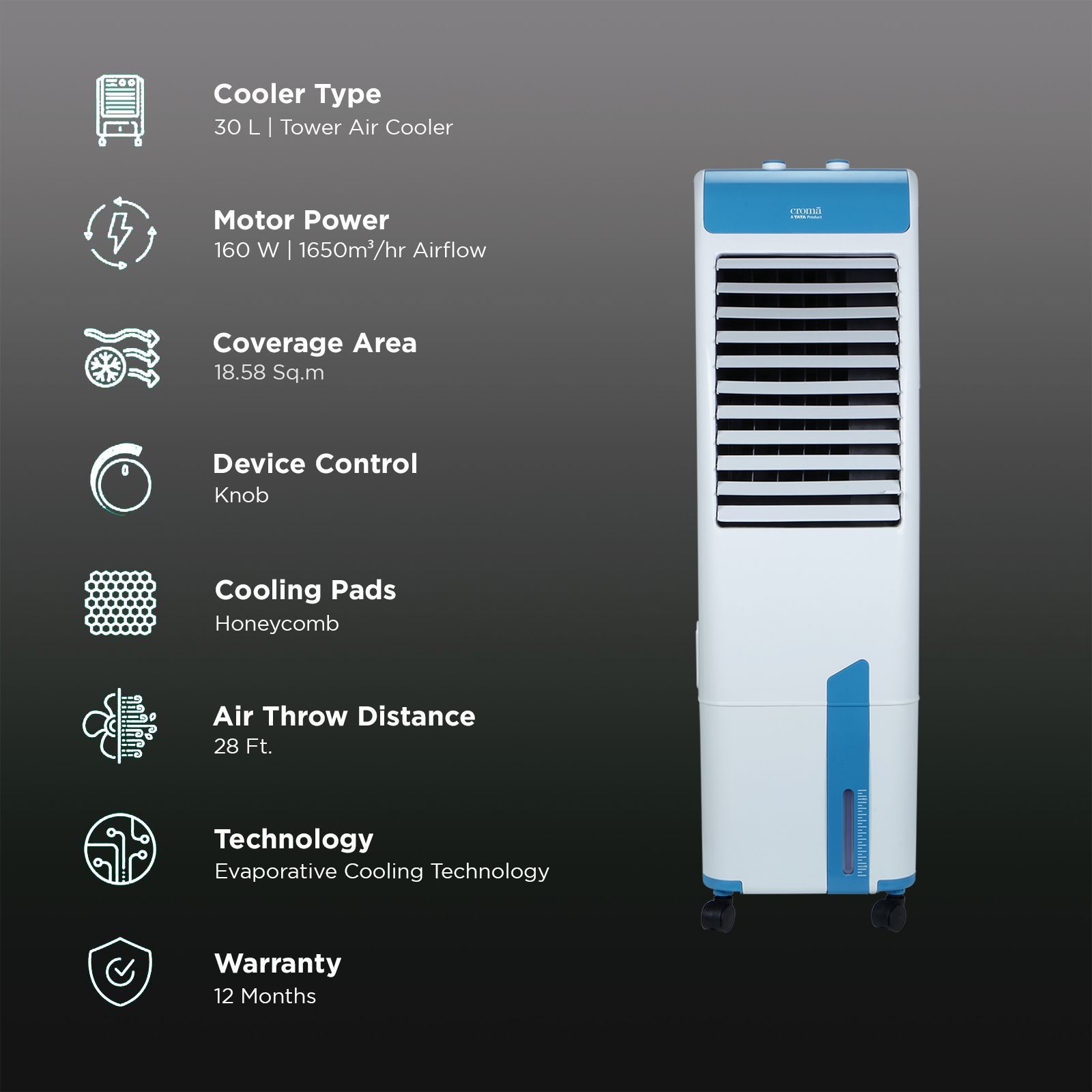 Croma 30 Litres Tower Air Cooler with Evaporative Cooling Technology (With inverter compatibility, White)_3