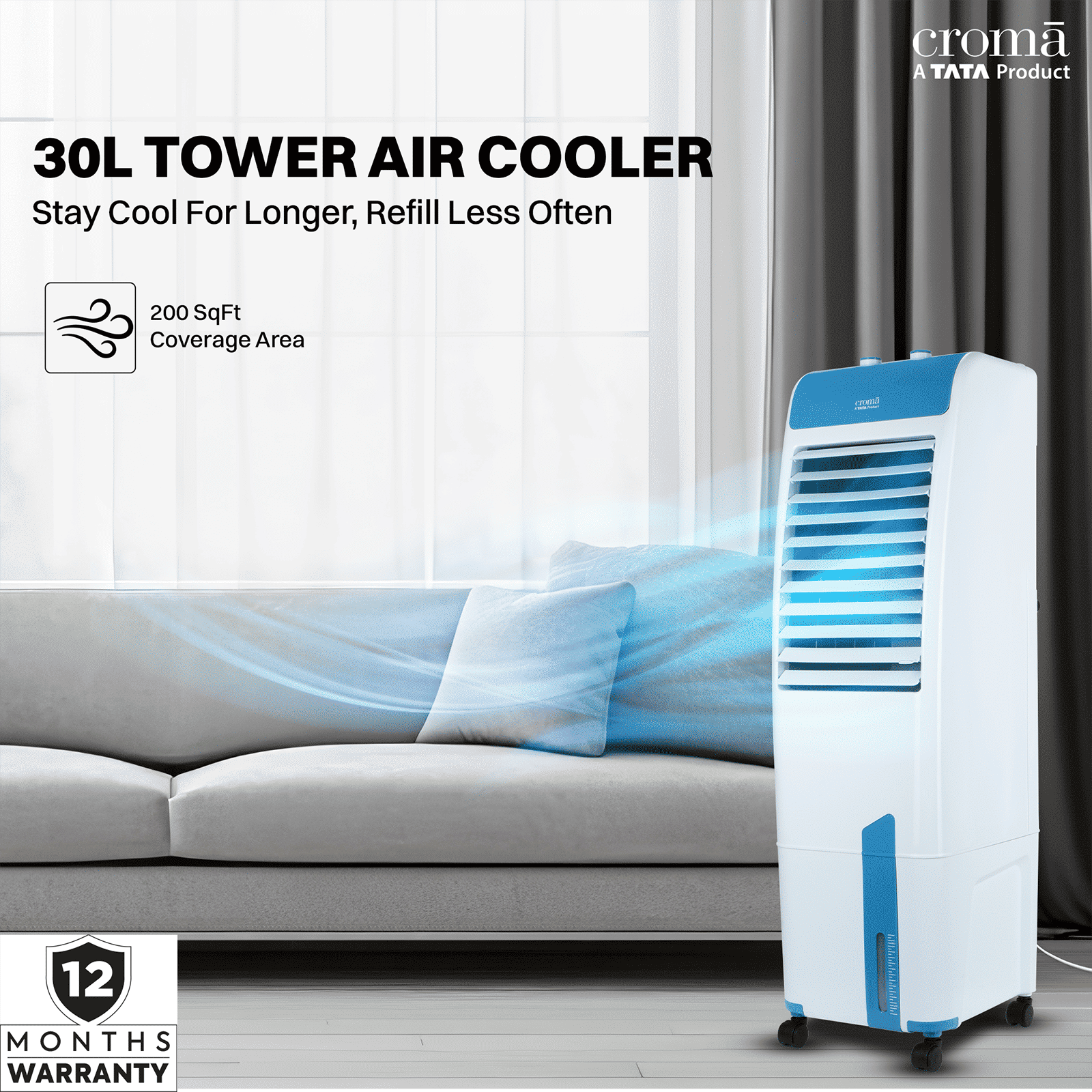 Croma 30 Litres Tower Air Cooler with Evaporative Cooling Technology (With inverter compatibility, White)_5
