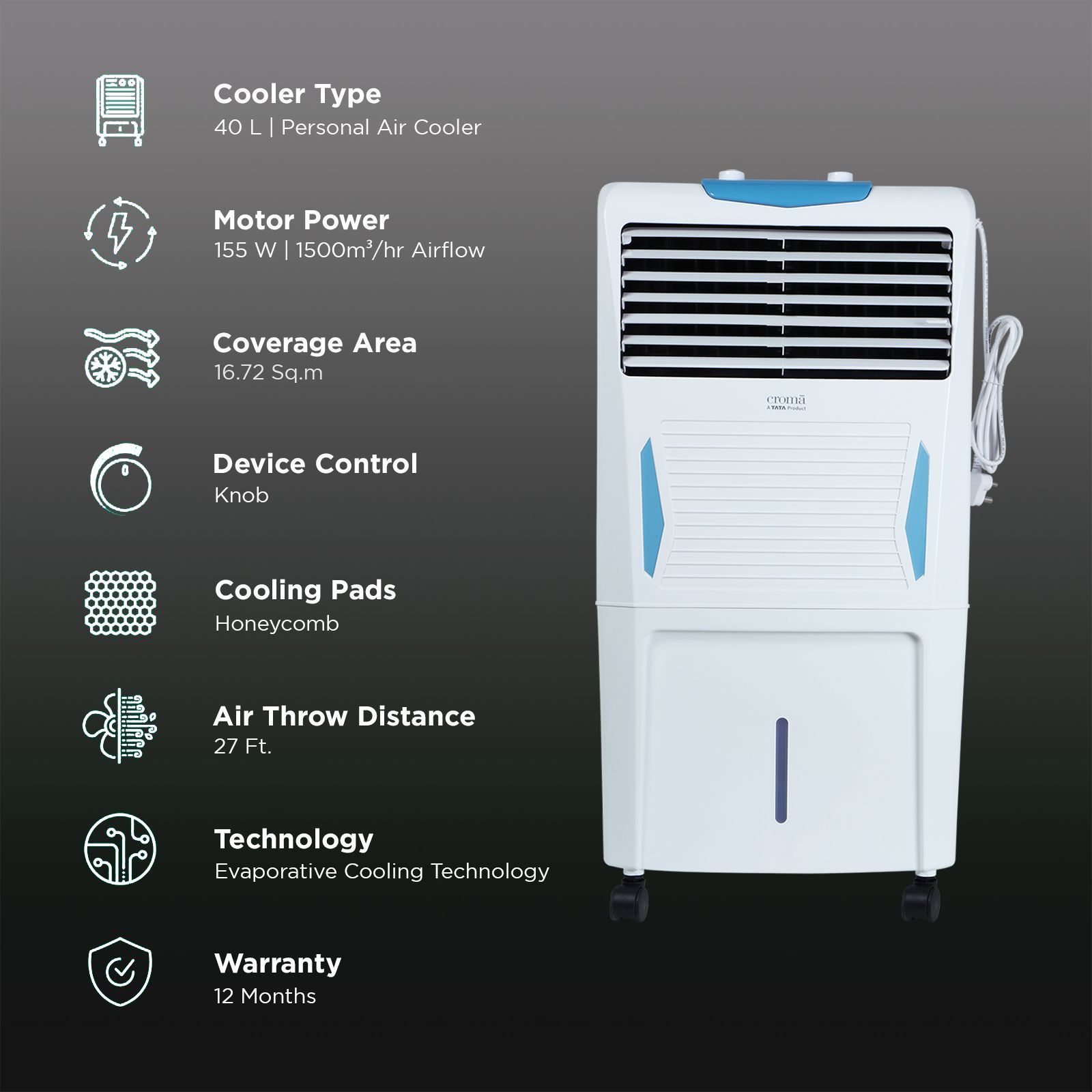 Croma 40 Litres Personal Air Cooler with Inverter Compatibility (Evaporative Cooling Technology, White)_3