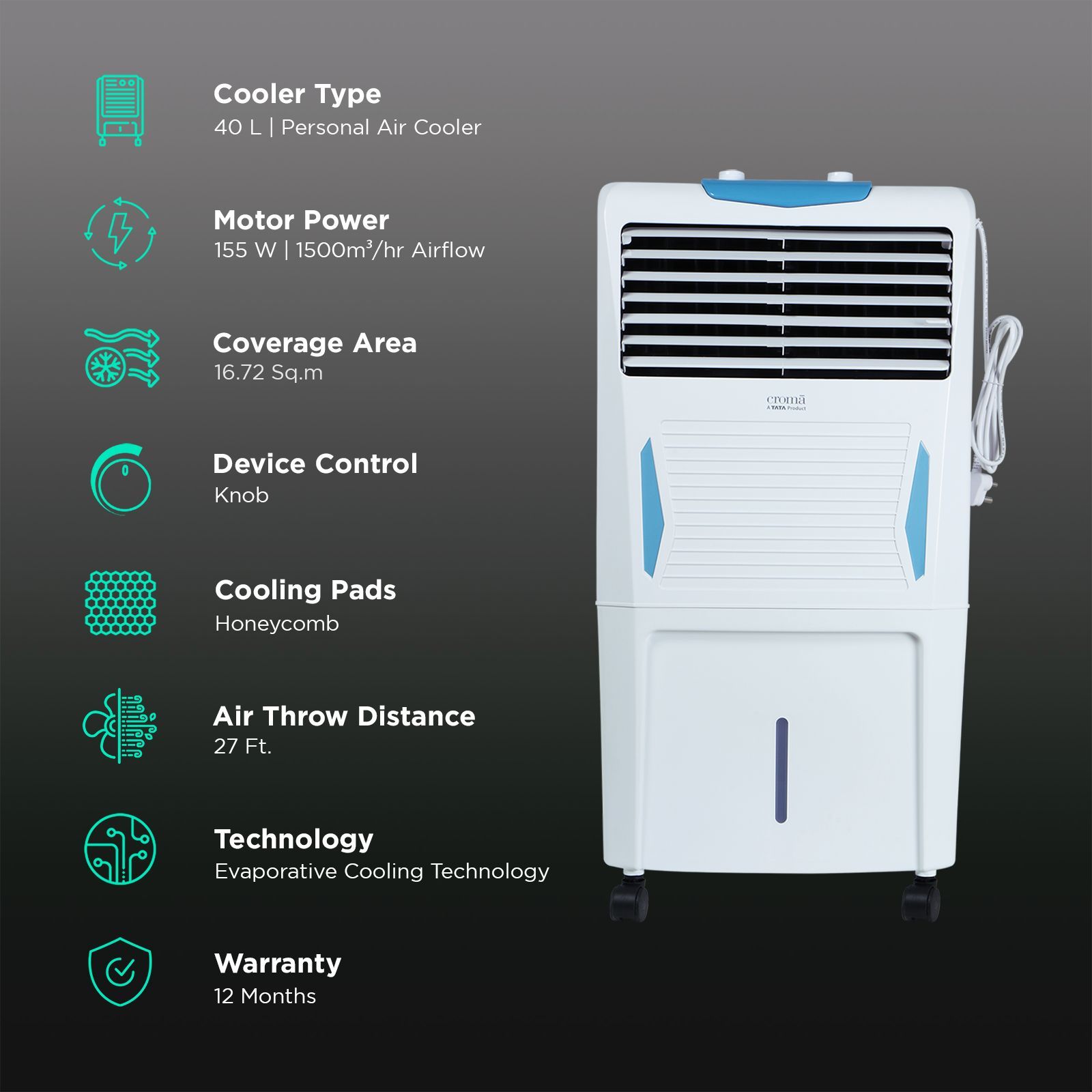 Croma 40 Litres Personal Air Cooler with Inverter Capability (Evaporative Cooling Technology, White)_3