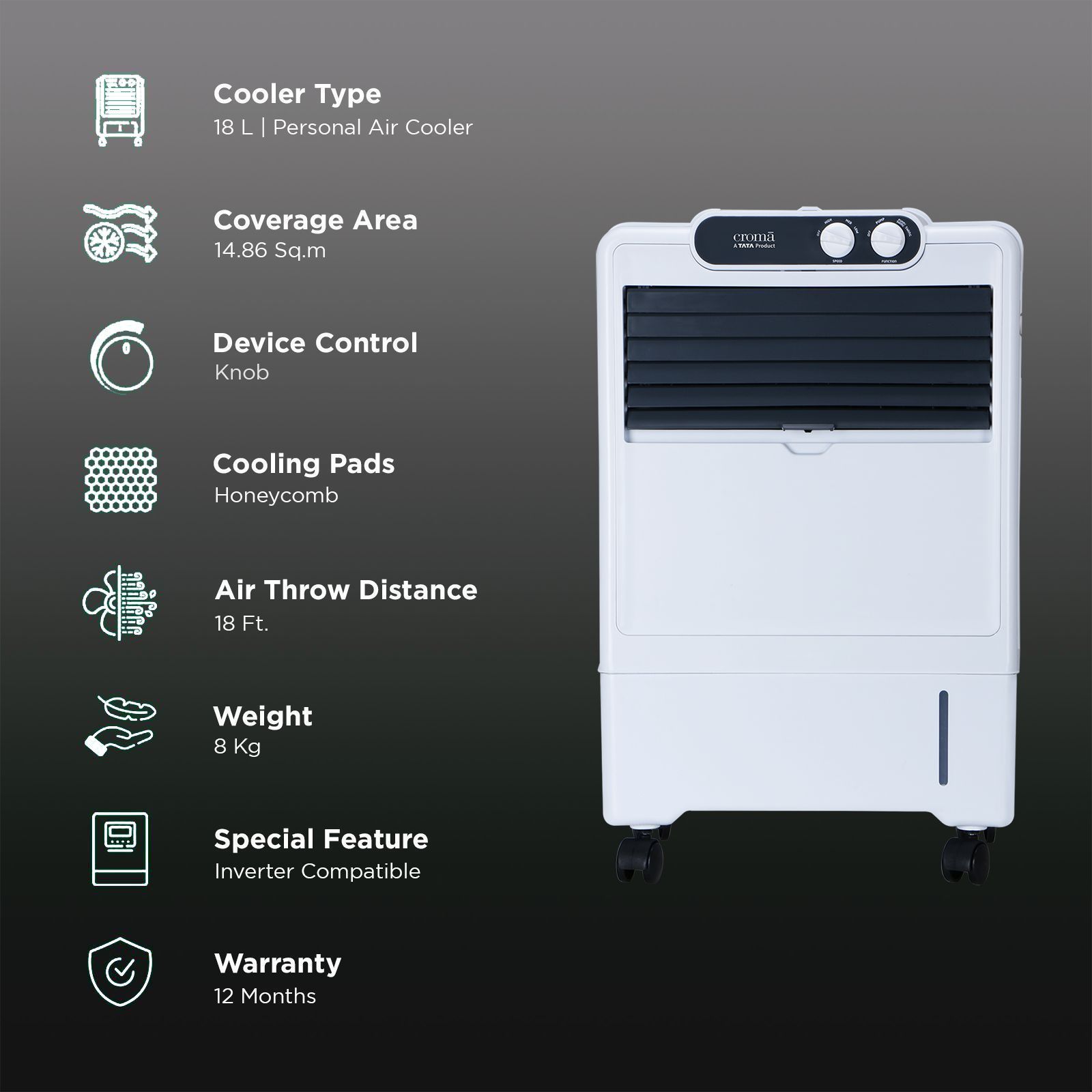 Croma 18 Litres Personal Air Cooler with Inverter Compatible (Anti Bacterial Honey Comb Pads, White)_3