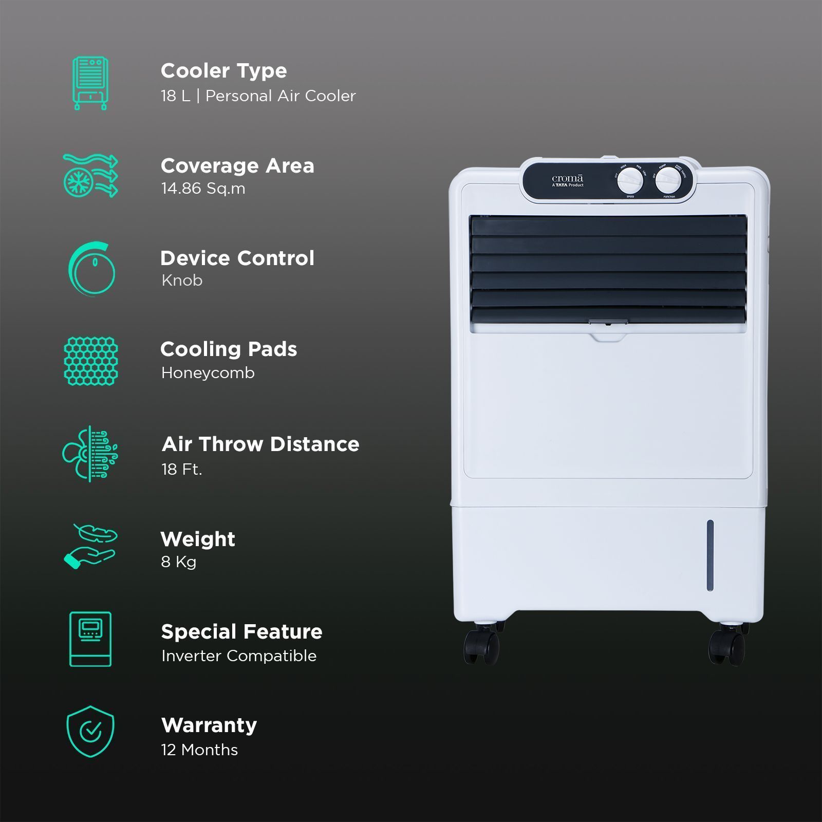 Croma 18 Litres Personal Air Cooler with Inverter Compatible (Anti Bacterial Honey Comb Pads, White, 2025 model) Croma 18 Litres Personal Air Cooler with Inverter Compatible (Anti Bacterial Honey Comb Pads, White, 2025 model)_3