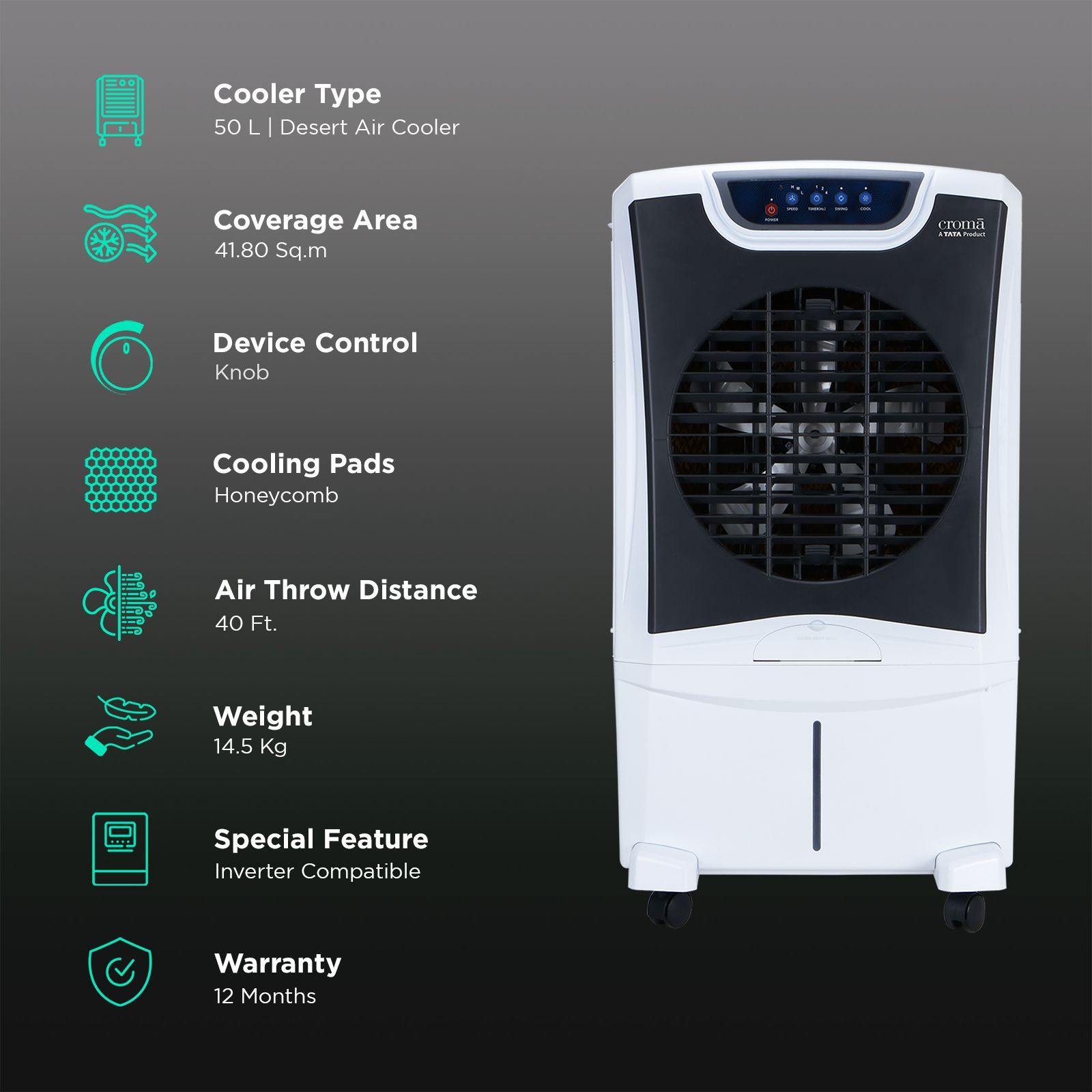 Croma 50 Litres Desert Air Cooler with Remote (Inverter compatibility, White, 2025 model)_3