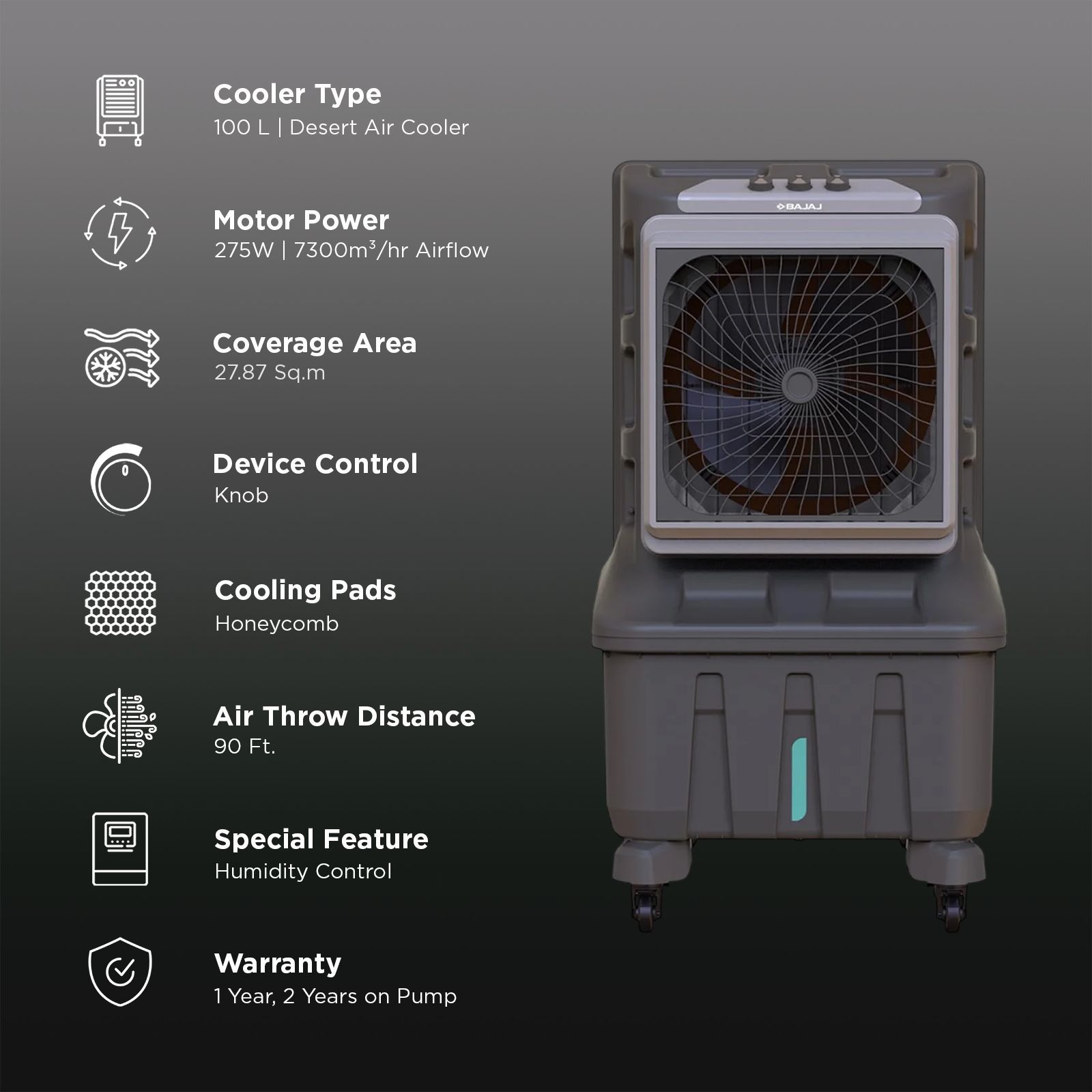 BAJAJ XForce 100 Litres Desert Air Cooler with DuraMarine Pump (3 Speed Control, Grey)_2