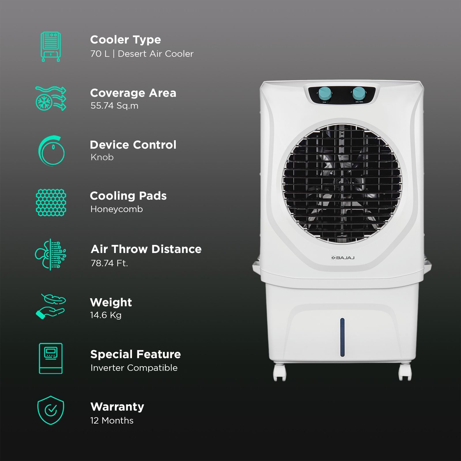 BAJAJ Shield Series 70 Litres Desert Air Cooler with Turbo Fan (DuraTuff PRO Motor, White)_3