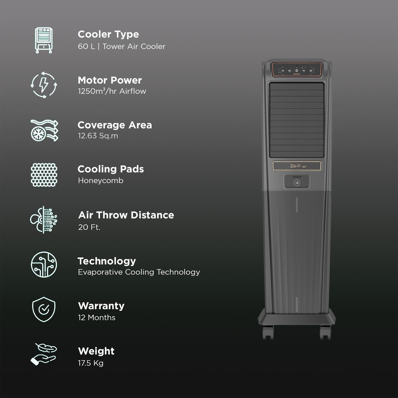 HAVELLS Zurii 60 Litres Tower Air Cooler with Dust Filter Net (Low Water Alarm, Black & Grey) HAVELLS Zurii 60 Litres Tower Air Cooler with Dust Filter Net (Low Water Alarm, Black & Grey)_3