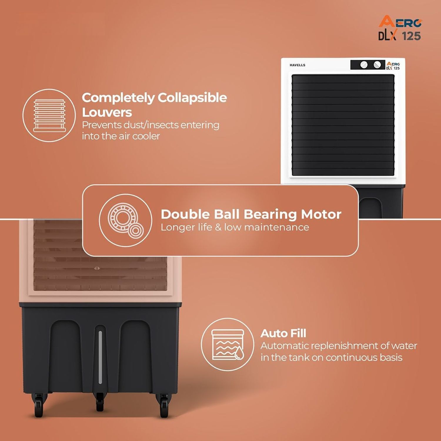 Havells Aero DLX 125 Litres Commercial Air Cooler with Fully Collapsible Louvers (Multi Directional-Castor Wheels with Brakes, White & Grey)_13