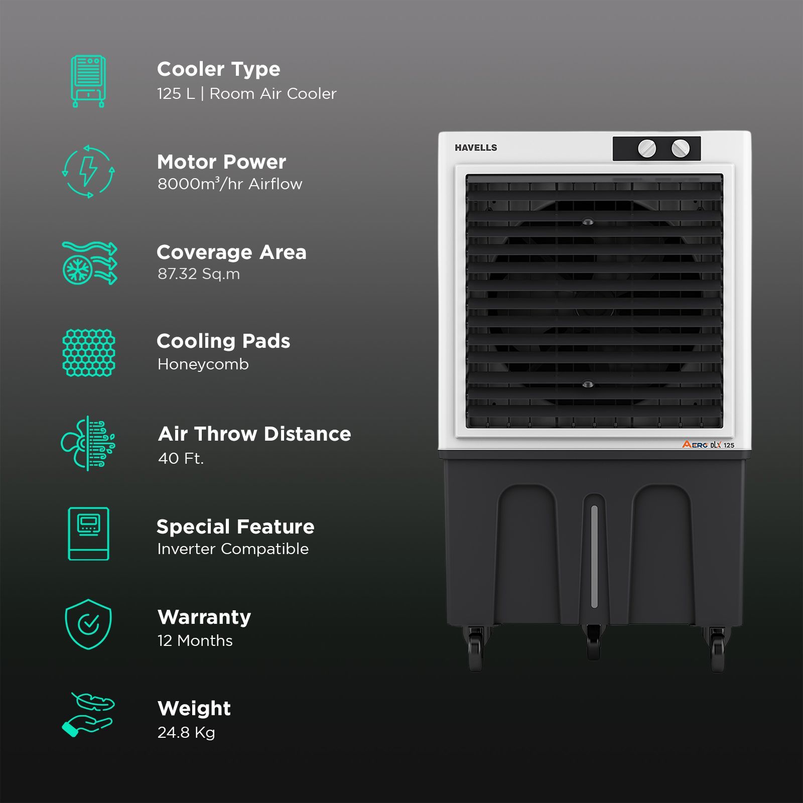 Havells Aero DLX 125 Litres Commercial Air Cooler with Fully Collapsible Louvers (Multi Directional-Castor Wheels with Brakes, White & Grey)_3