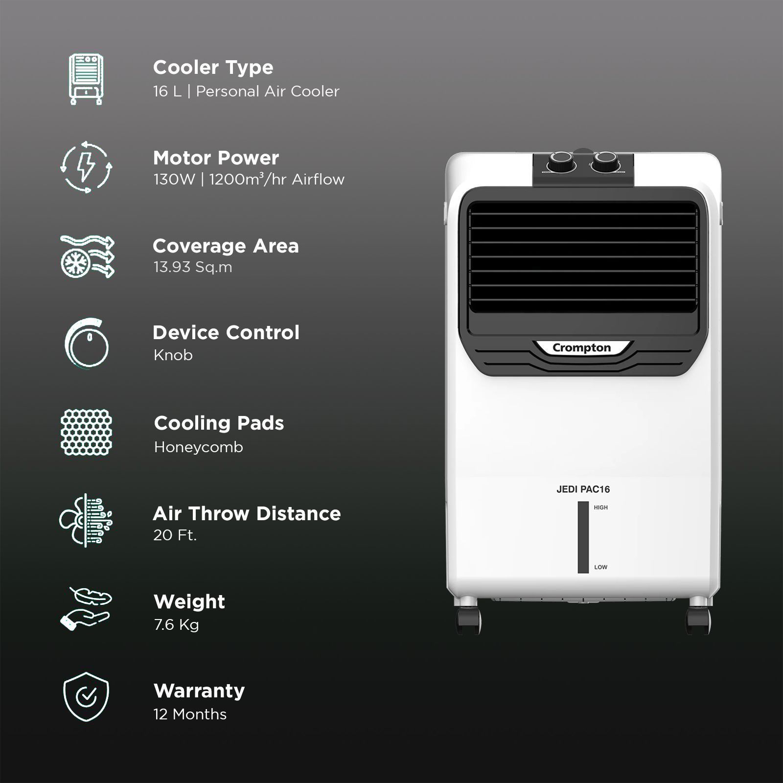 Crompton Jedi PAC 16 Litres Personal Air Cooler with Everlast Pump (4 Way Air Deflection, White & Black)_3