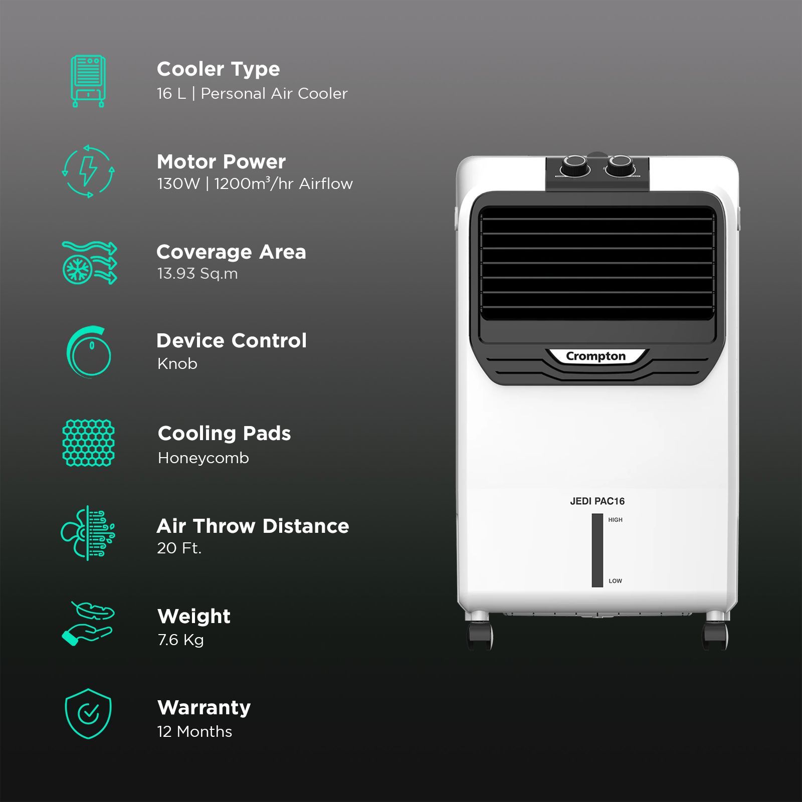 Crompton Jedi PAC 16 Litres Personal Air Cooler with Everlast Pump (4 Way Air Deflection, White & Black)_3