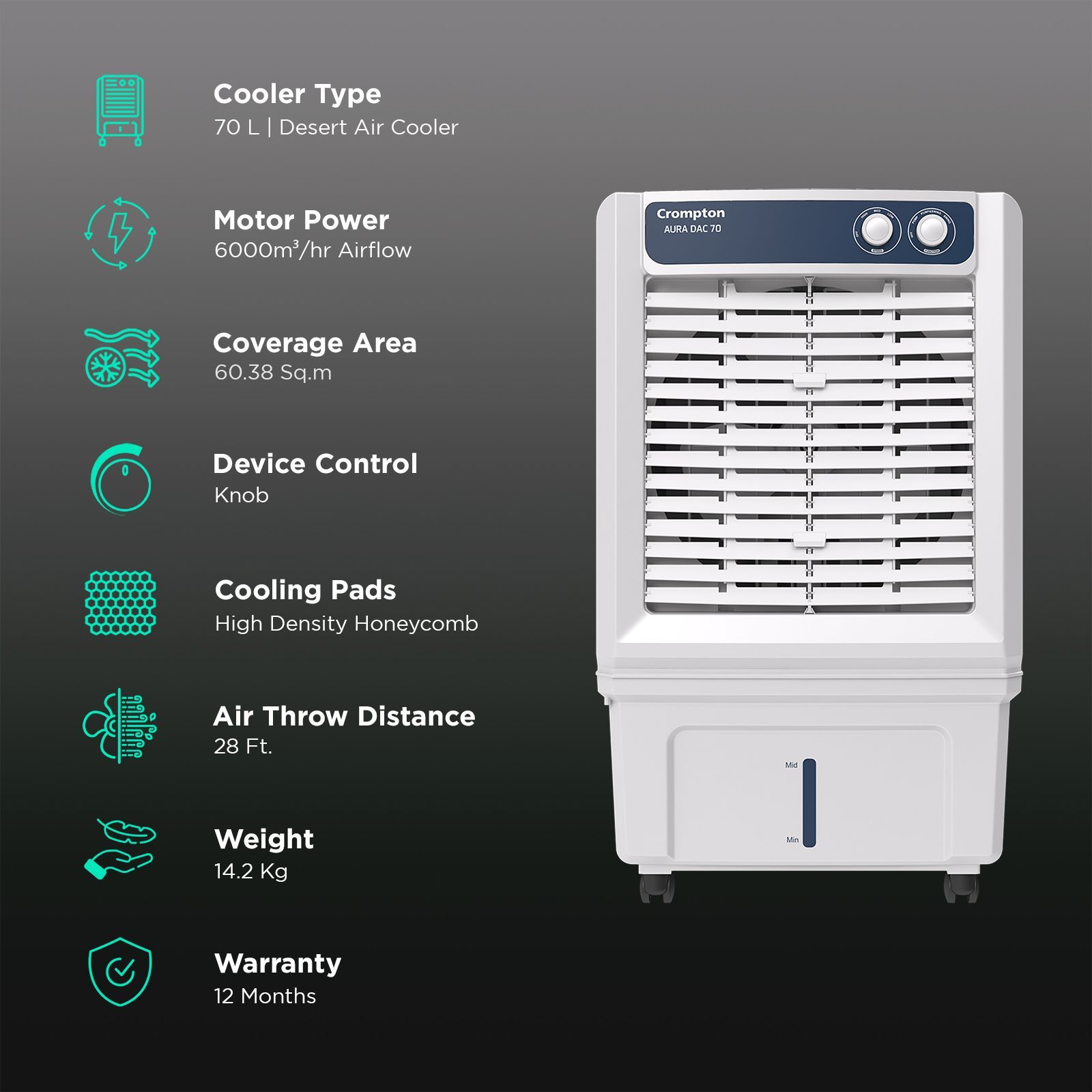 Crompton Aura 70 Litres Desert Air Cooler with Everlast Pump (Collasible Louvers, Indian Ink & While)_3
