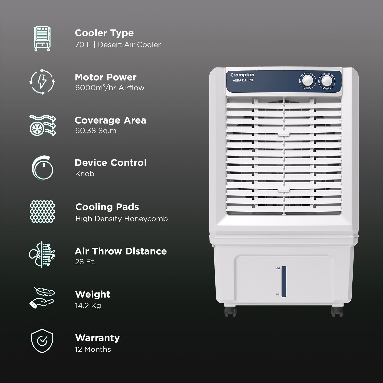 Crompton Aura 70 Litres Desert Air Cooler with Everlast Pump (Collasible Louvers, Indian Ink & While)_3