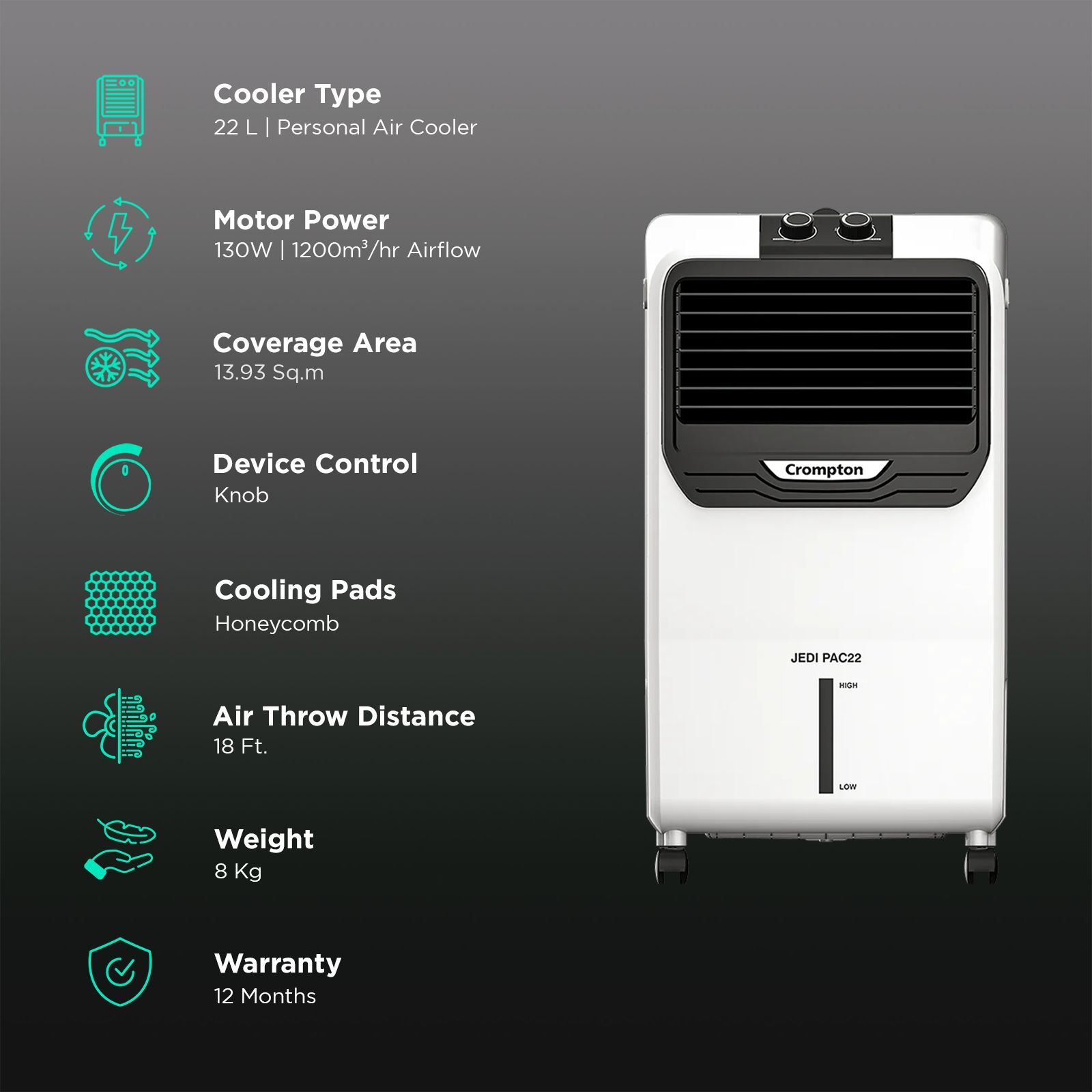Crompton Jedi PAC 22 Litres Personal Air Cooler with Everlast Pump (4 Way Air Deflection, White & Black)_3