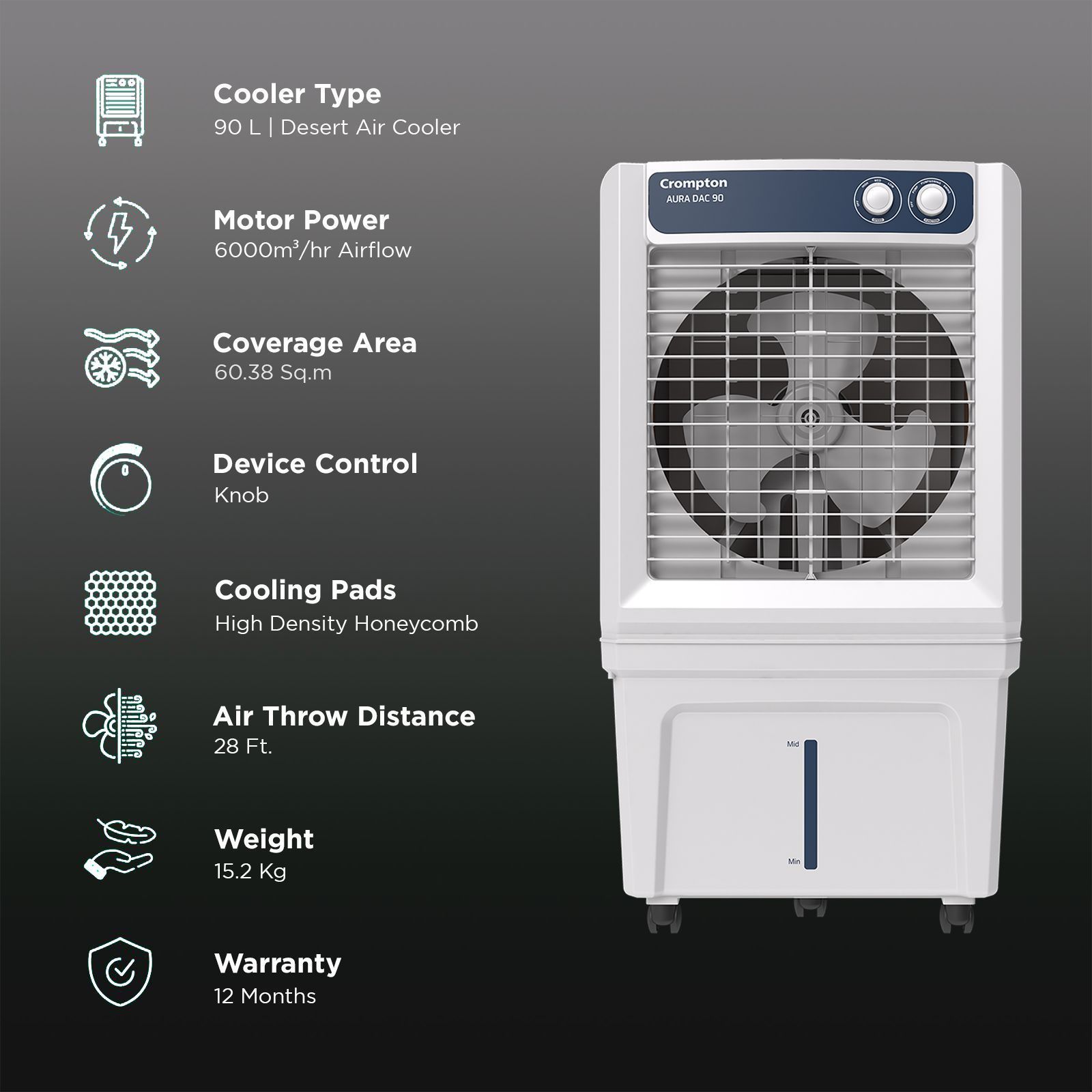 Crompton Aura 90 Litres Desert Air Cooler with Everlast Pump (Collasible Louvers, Indian Ink & While)_3