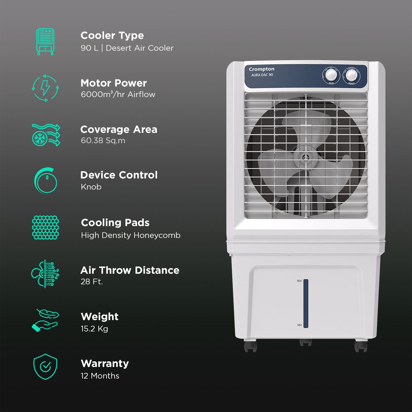 Crompton Aura 90 Litres Desert Air Cooler with Everlast Pump (Collasible Louvers, Indian Ink & While)_3