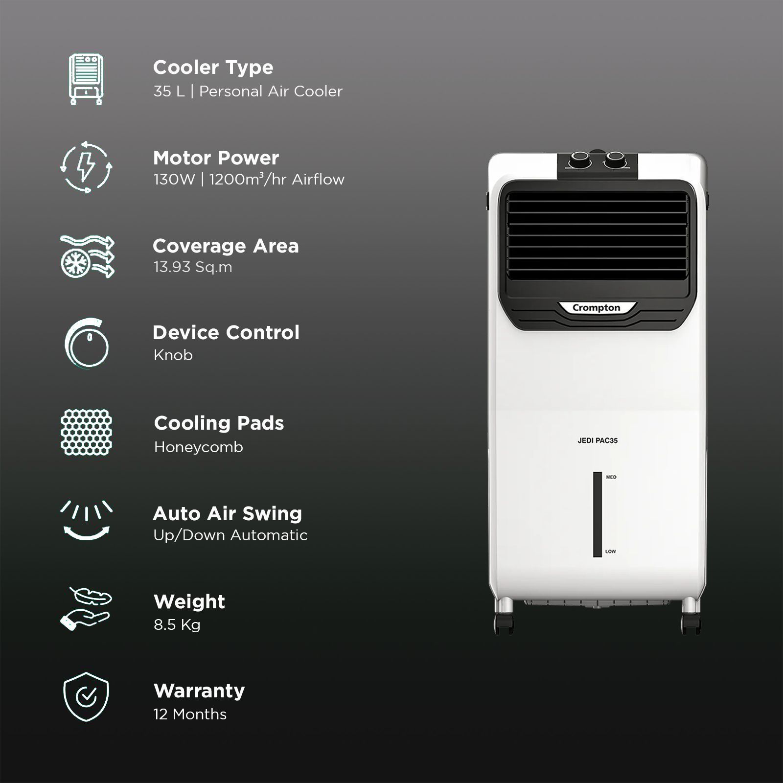 Crompton Jedi PAC 35 Litres Personal Air Cooler with Everlast Pump (4 Way Air Deflection, White & Black)_3