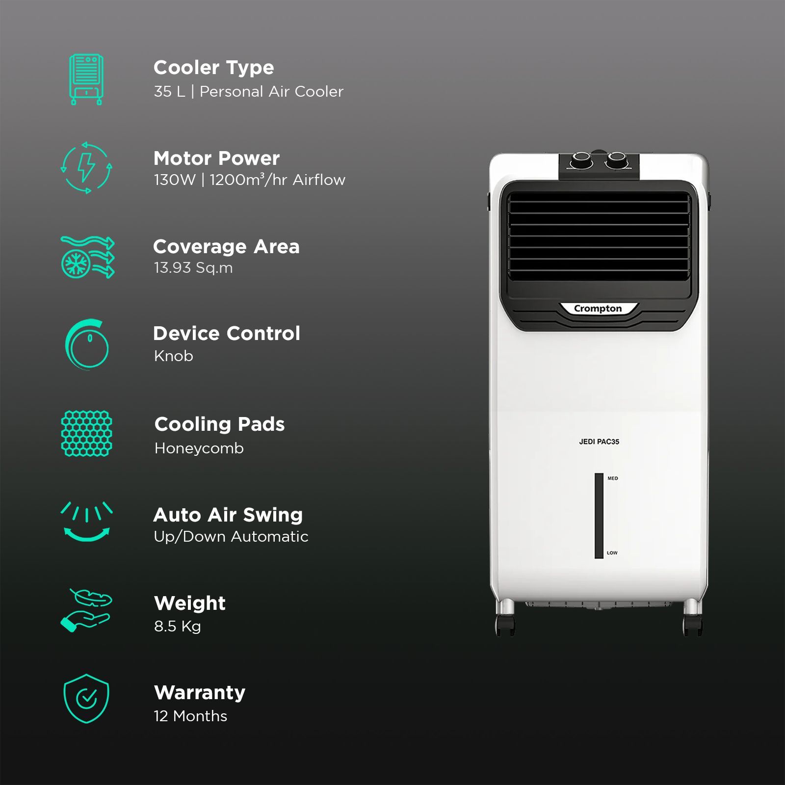 Crompton Jedi PAC 35 Litres Personal Air Cooler with Everlast Pump (4 Way Air Deflection, White & Black) Crompton Jedi PAC 35 Litres Personal Air Cooler with Everlast Pump (4 Way Air Deflection, White & Black)_3