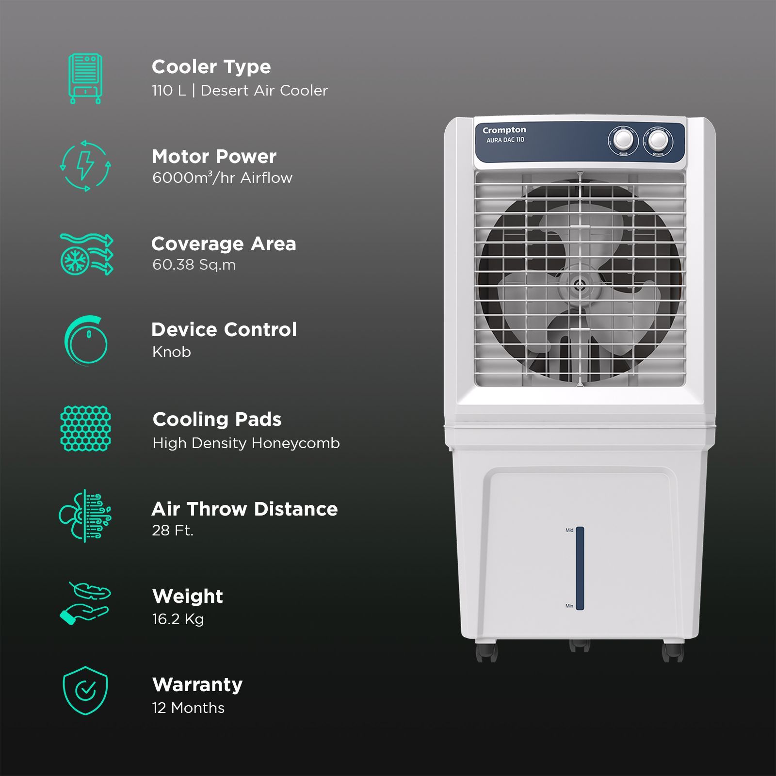 Crompton Aura 110 Litres Desert Air Cooler with Everlast Pump (Collasible Louvers, Indian Ink & While)_3