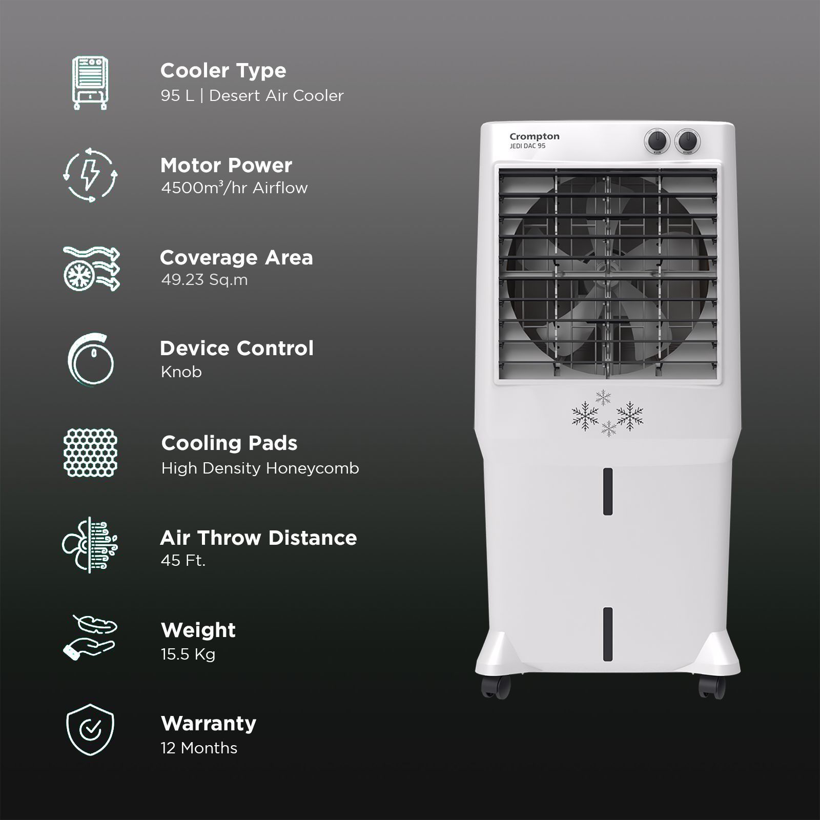 Crompton Jedi 95 Litres Desert Air Cooler with Everlast Pump (Fully Collasible Louvers, Black & White)_3
