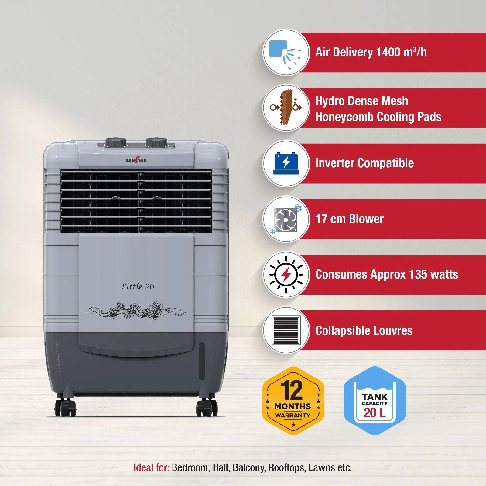 KENSTAR Little HC 20 Litres Personal Air Cooler with Quadra Flow Technology (Dust Filter, Grey)_5
