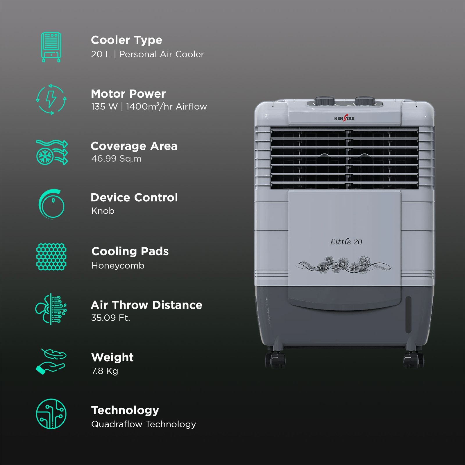 KENSTAR Little HC 20 Litres Personal Air Cooler with Quadra Flow Technology (Dust Filter, Grey)_3