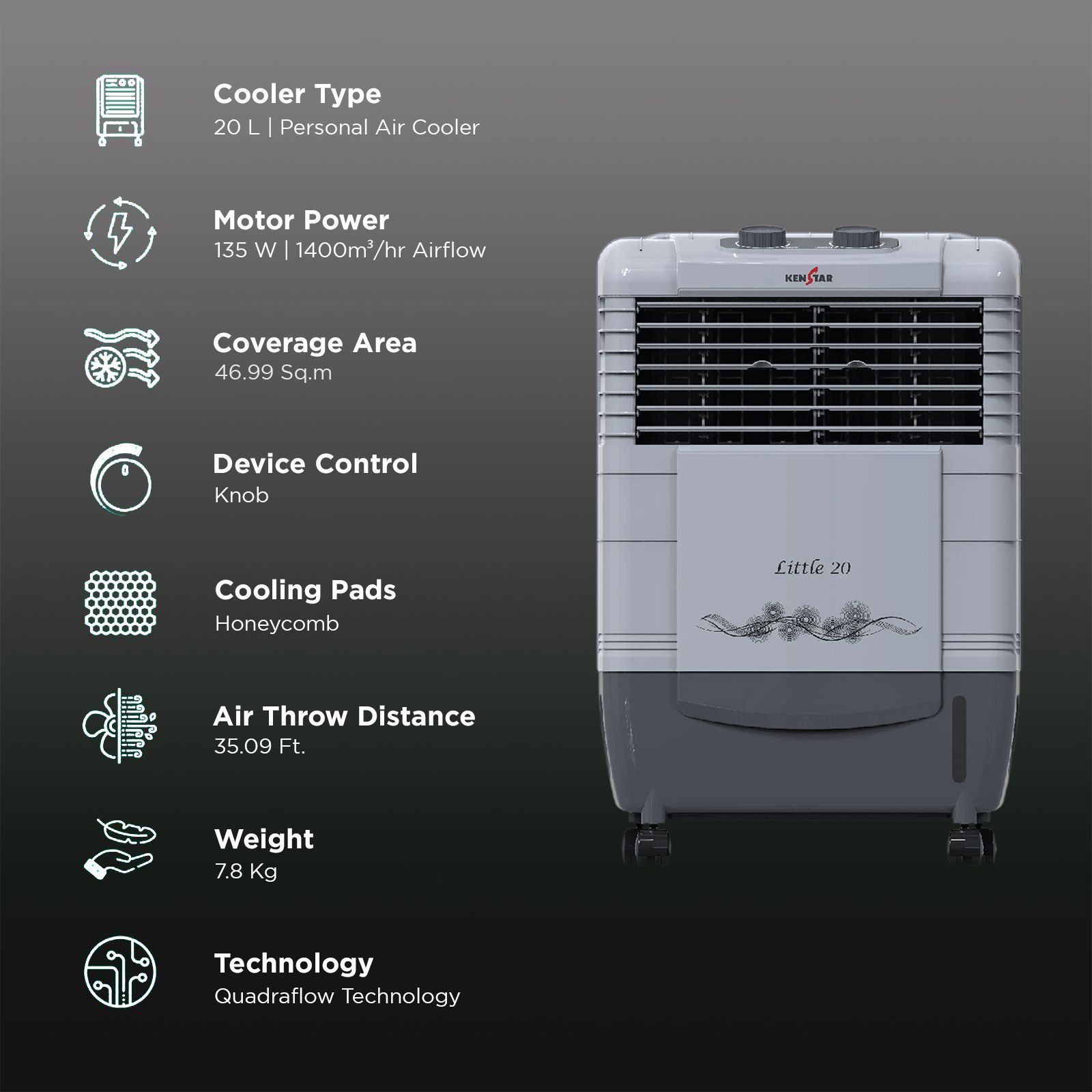 KENSTAR Little HC 20 Litres Personal Air Cooler with Quadra Flow Technology (Dust Filter, Grey)_3