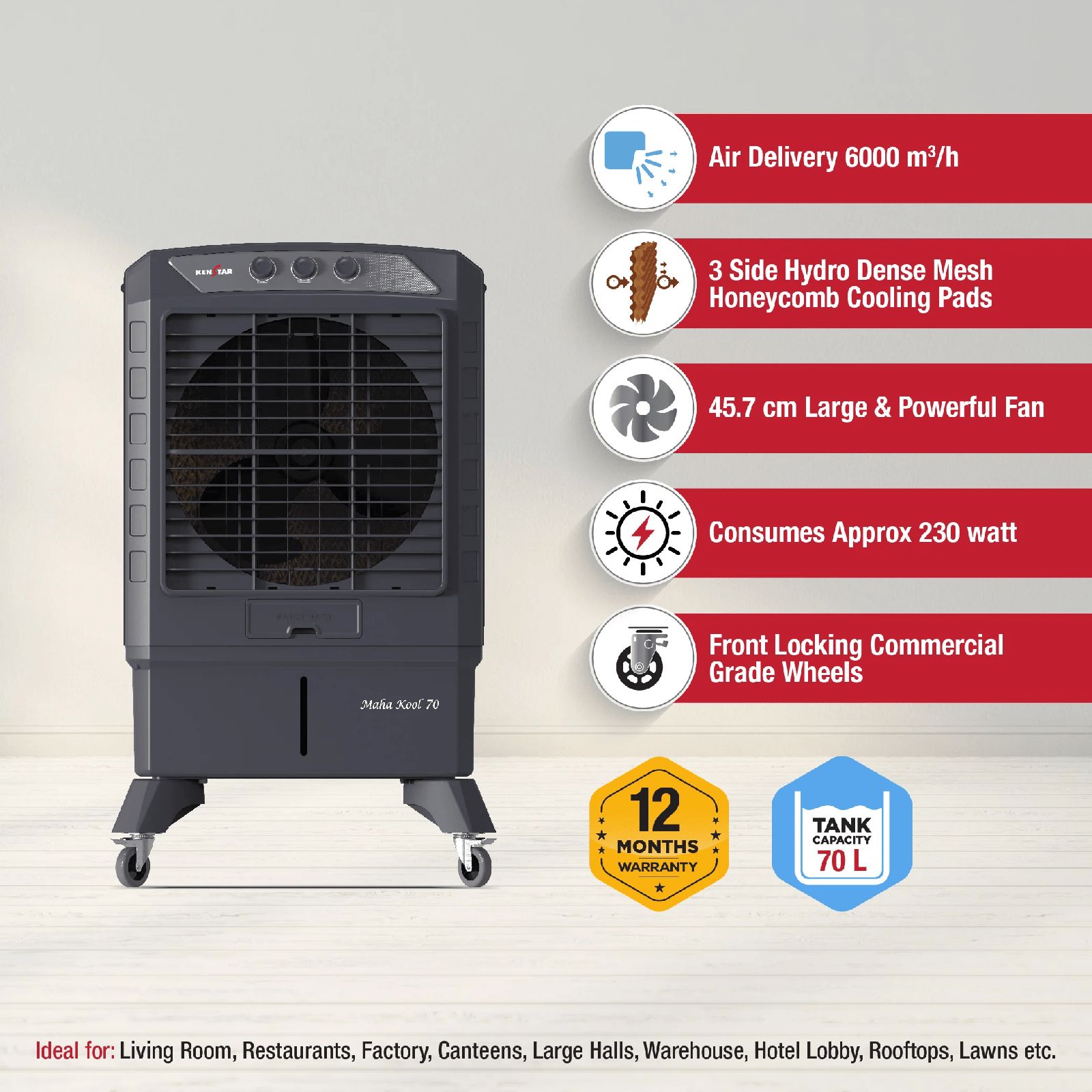 KENSTAR Mahakool HC 70 Litres Desert Air Cooler with Quadra Flow Technology (Inverter Compatible, Grey)_5