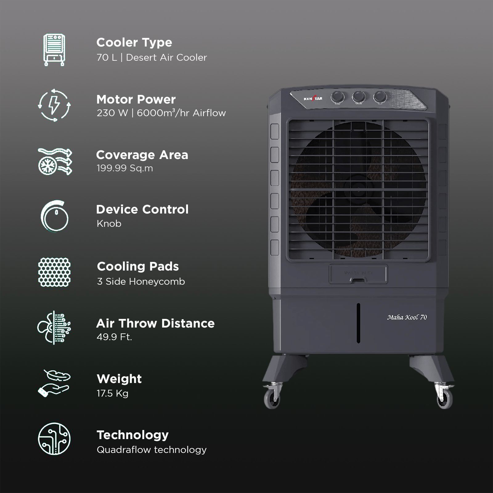 KENSTAR Mahakool HC 70 Litres Desert Air Cooler with Quadra Flow Technology (Inverter Compatible, Grey)_3