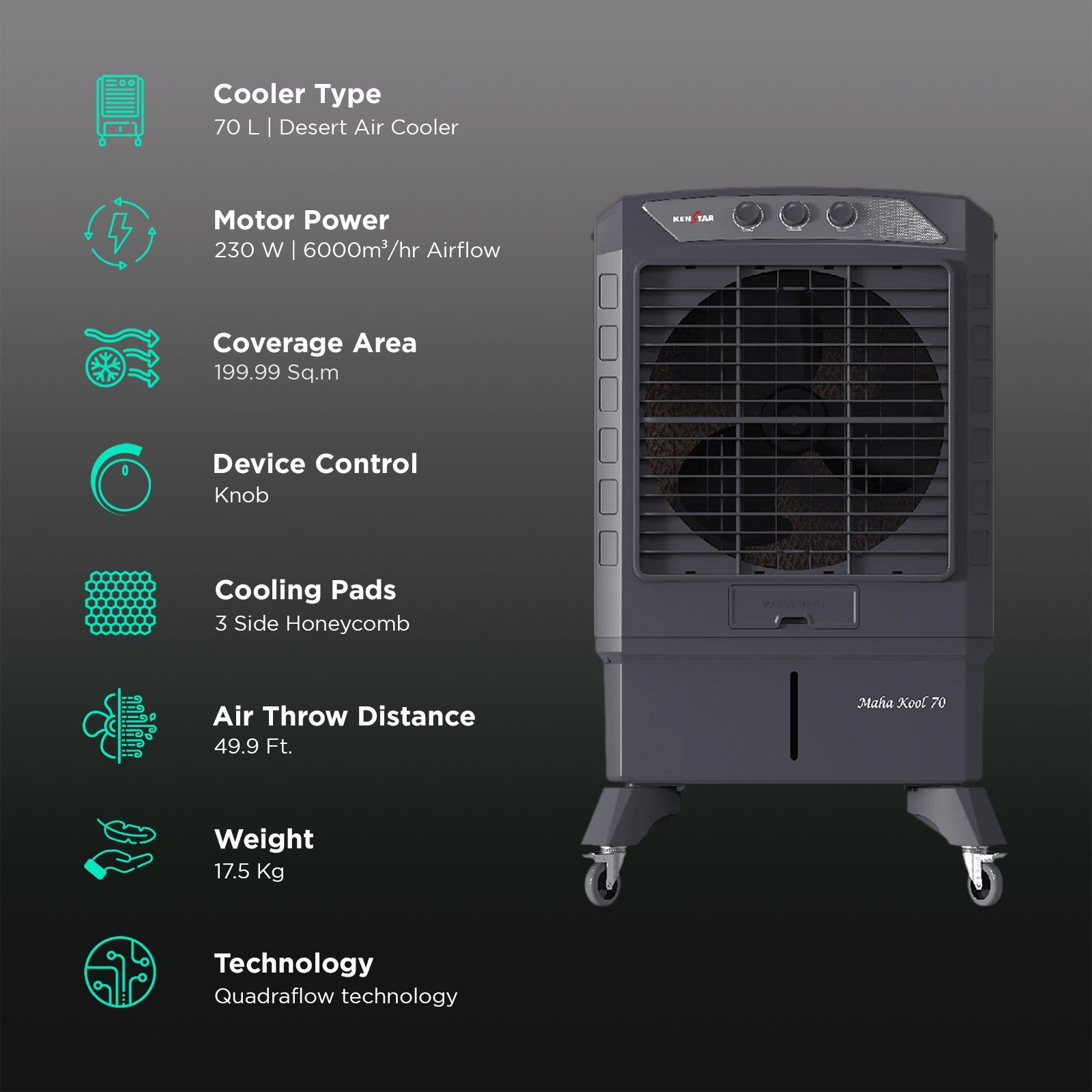 KENSTAR Mahakool HC 70 Litres Desert Air Cooler with Quadra Flow Technology (Inverter Compatible, Grey)_3