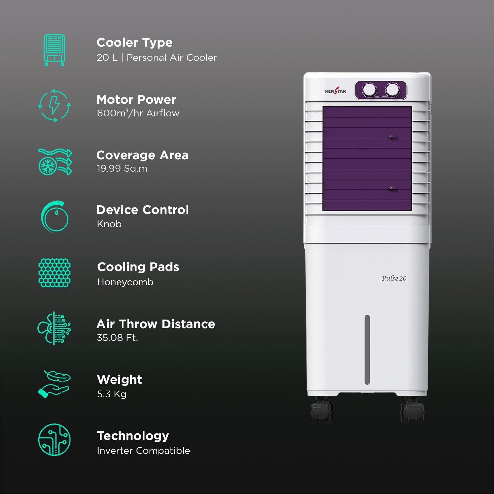 KENSTAR Pulse HC 20 Litres Personal Air Cooler with Double Ball Bearing Motor (Collapsible Louvres, White) KENSTAR Pulse HC 20 Litres Personal Air Cooler with Double Ball Bearing Motor (Collapsible Louvres, White)_3