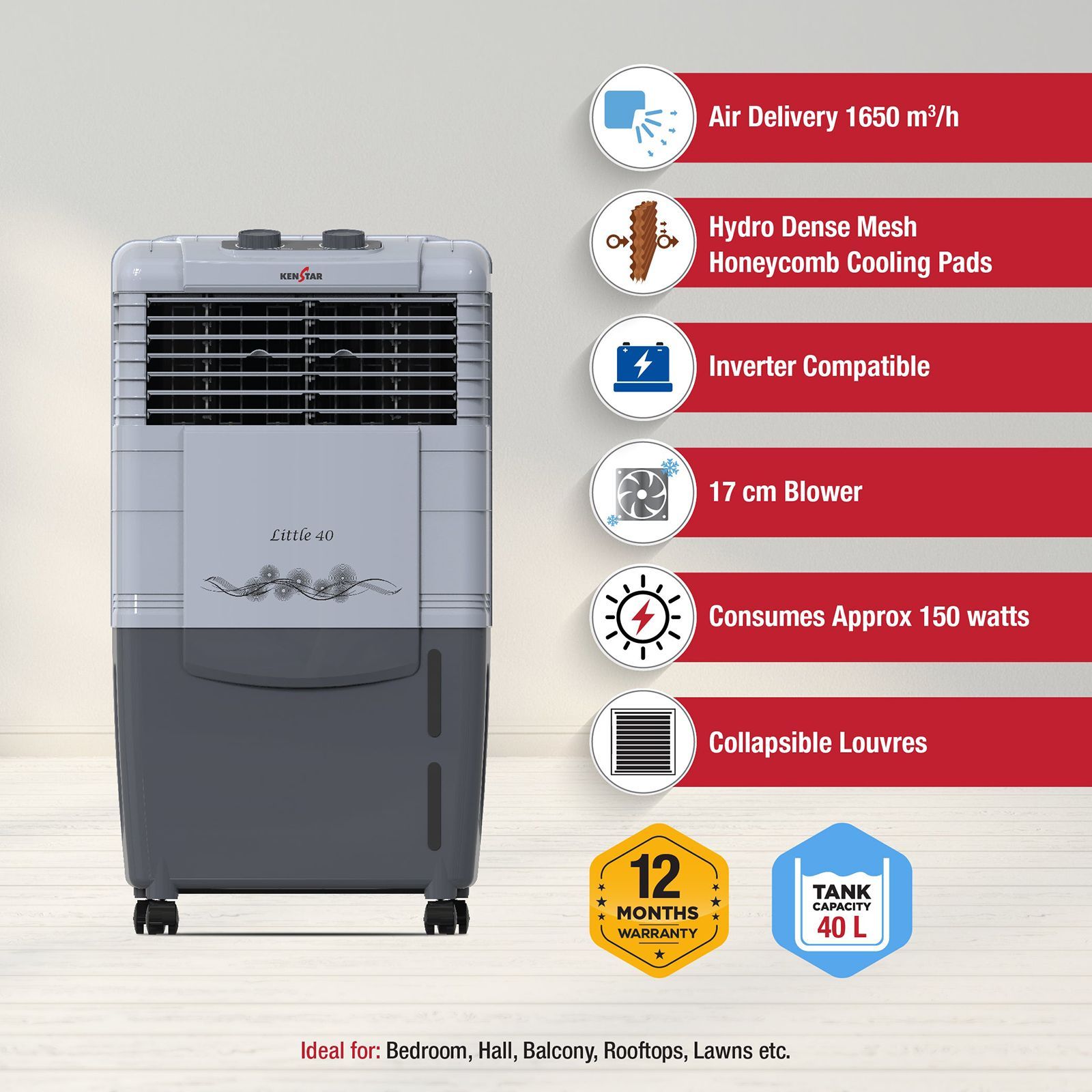 KENSTAR Little HC 40 Litres Personal Air Cooler with Quadra Flow Technology(Collapsible Louvres, Grey)_4
