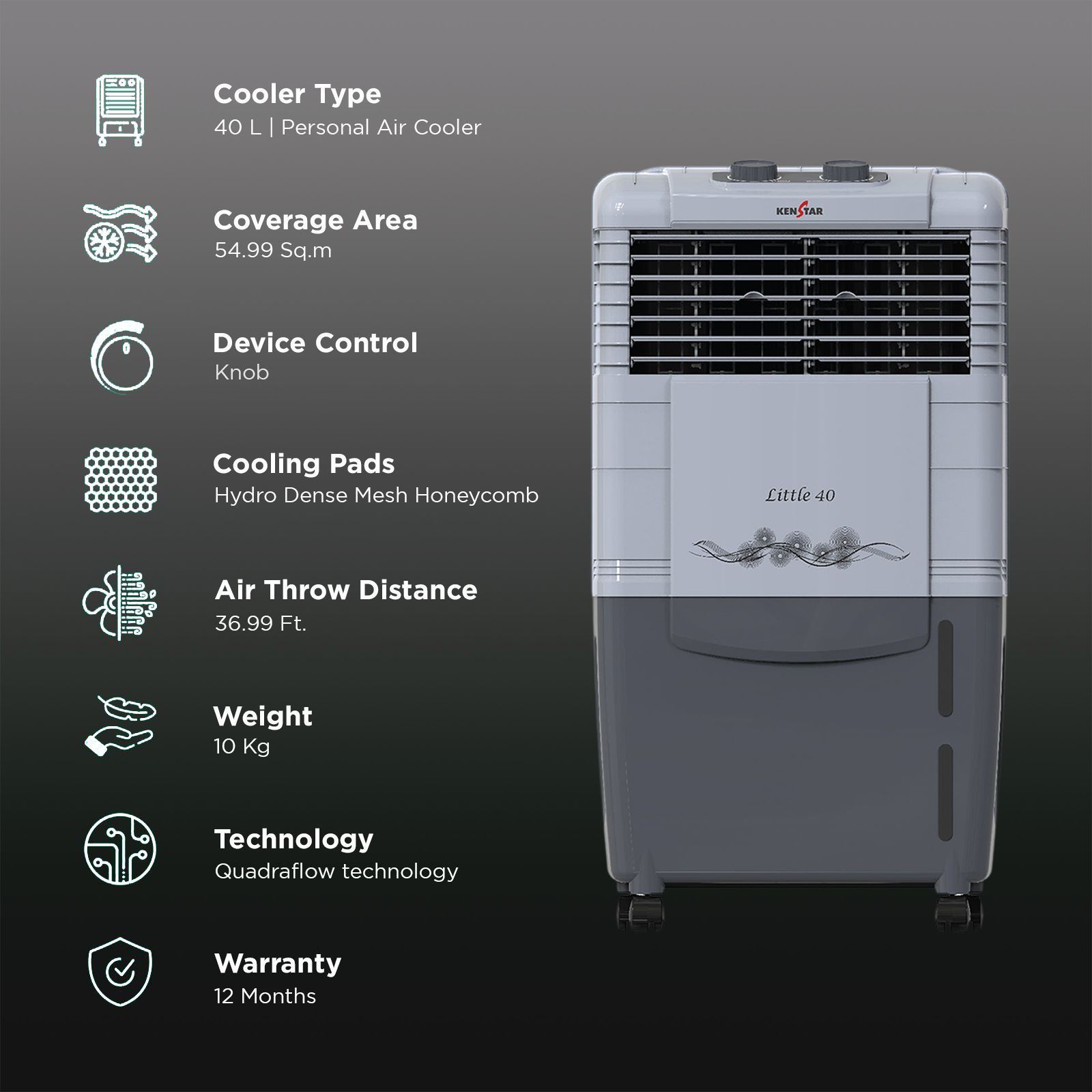 KENSTAR Little HC 40 Litres Personal Air Cooler with Quadra Flow Technology(Collapsible Louvres, Grey)_3