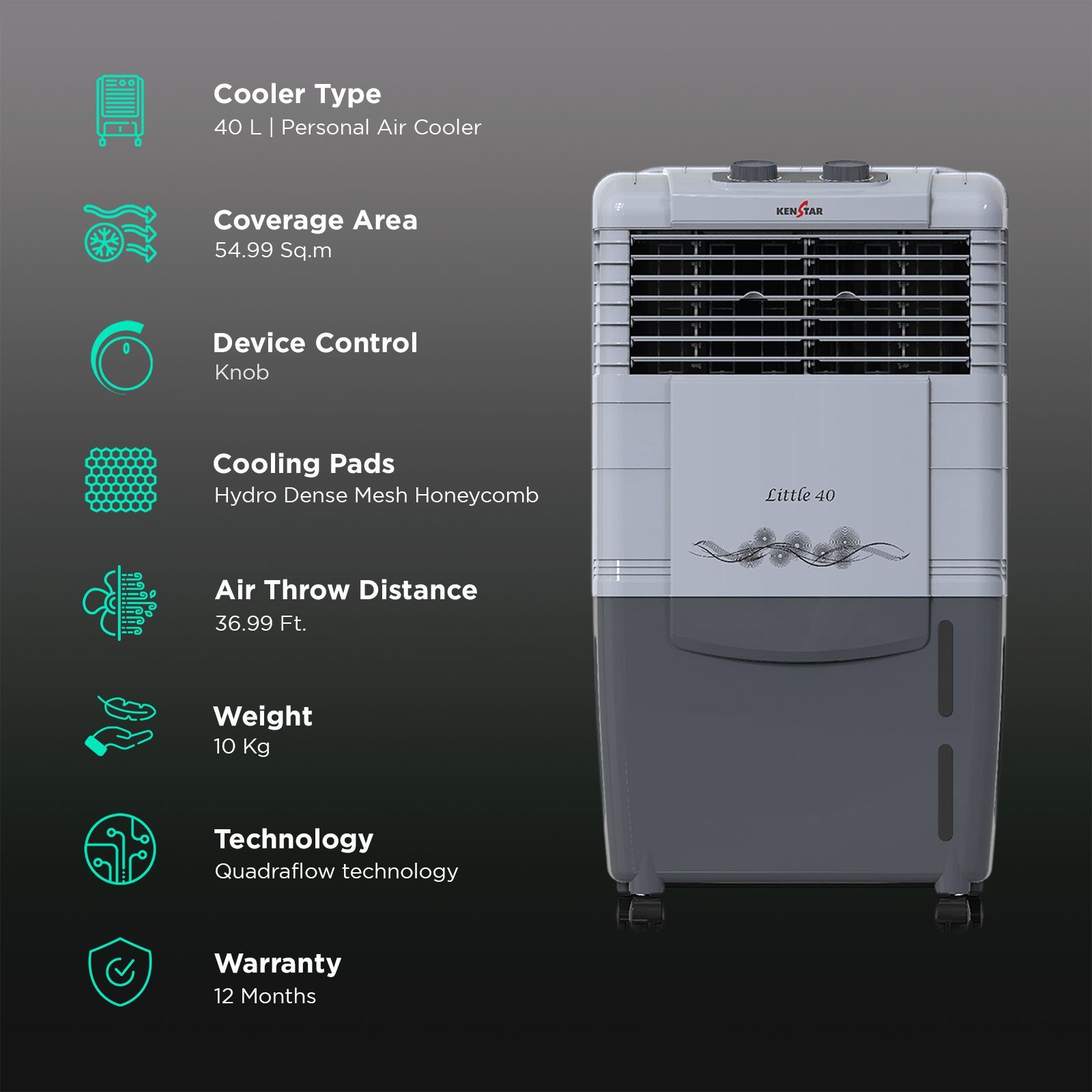 KENSTAR Little HC 40 Litres Personal Air Cooler with Quadra Flow Technology(Collapsible Louvres, Grey)_3