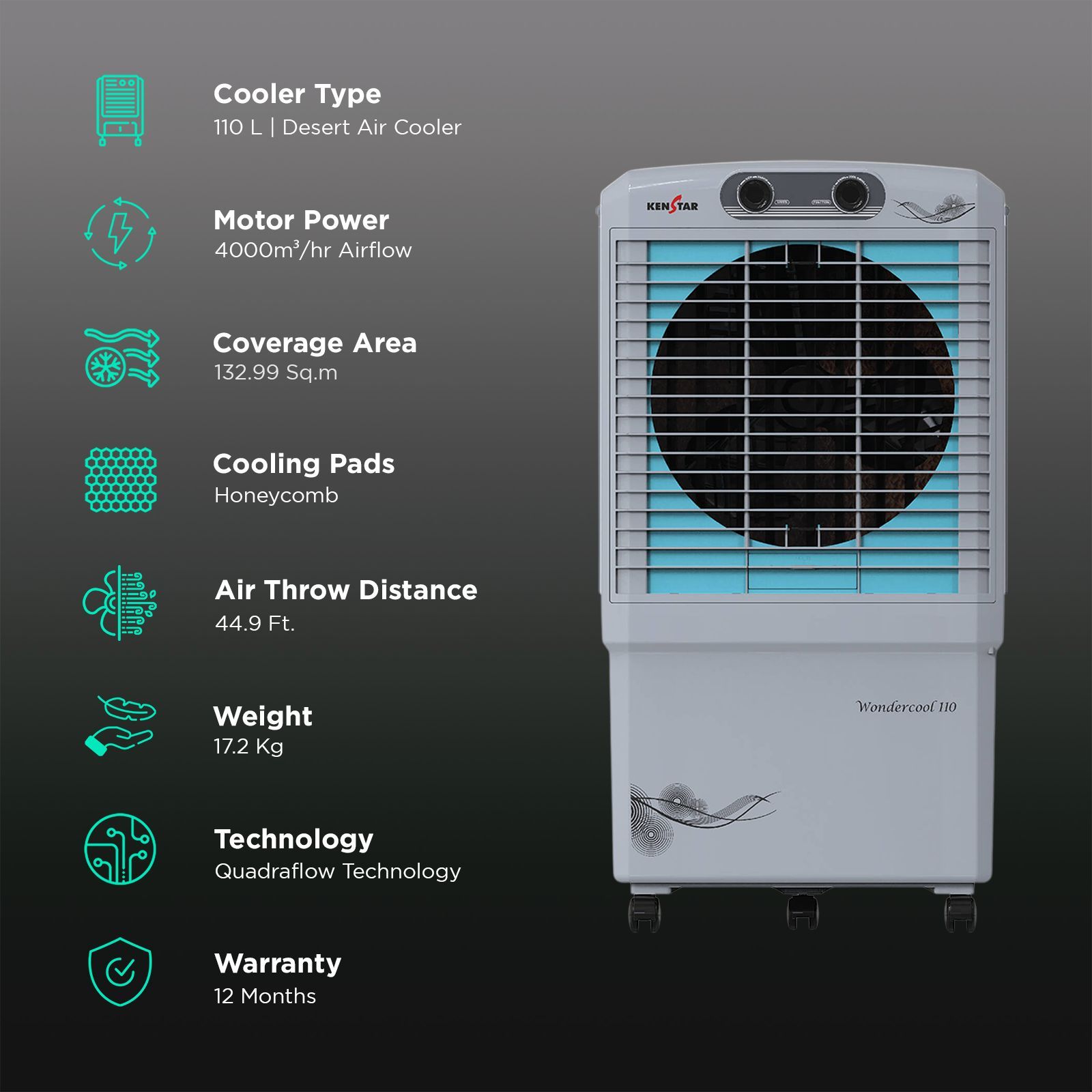 KENSTAR Wondercool HC 110 Litres Desert Air Cooler with Quadra Flow Technology (Invertible Compatible, Grey & Blue) KENSTAR Wondercool HC 110 Litres Desert Air Cooler with Quadra Flow Technology (Invertible Compatible, Grey & Blue)_3
