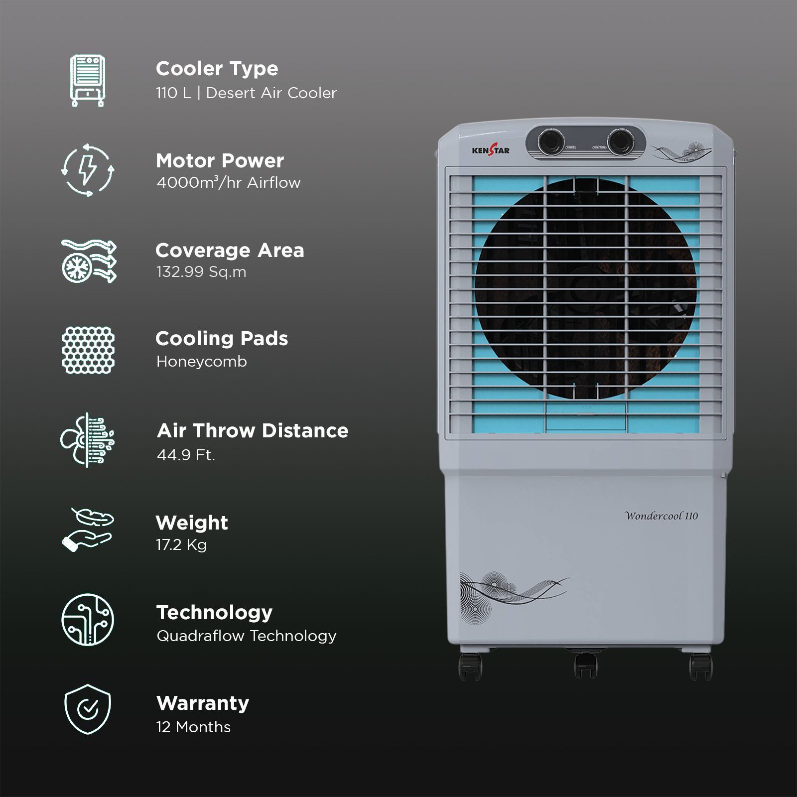 KENSTAR Wondercool HC 110 Litres Desert Air Cooler with Quadra Flow Technology (Invertible Compatible, Grey & Blue)_3