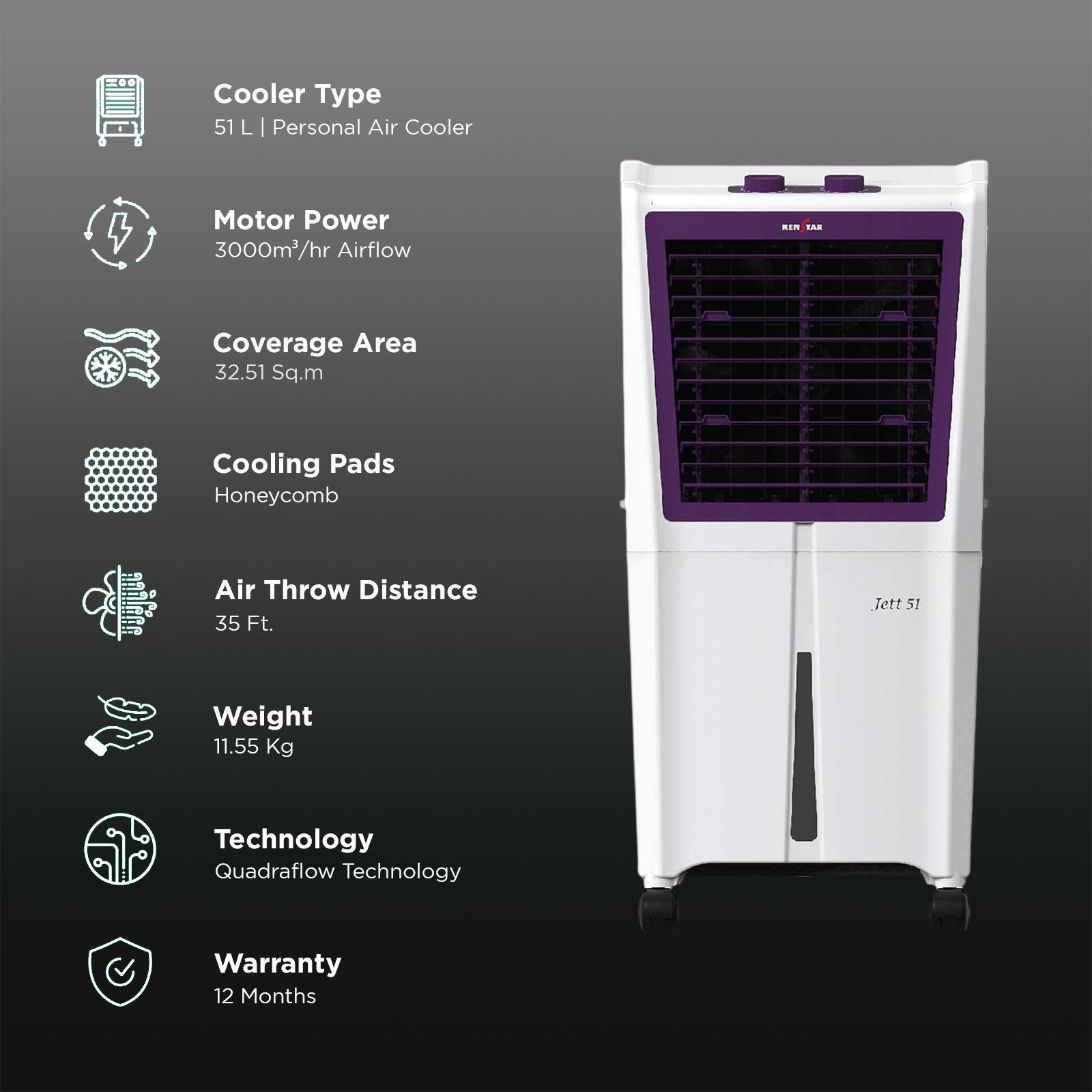 KENSTAR JETT HC 51 Litres Personal Air Cooler with Quadra Flow Technology (Collapsible Louvres, White & Purple)_3