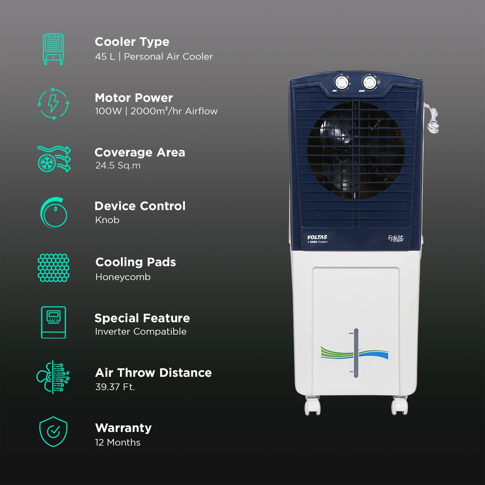 VOLTAS Frost Air 45 Litres Personal Air Cooler with Thermal Overload Protection (3 Speed Control, Oxford Blue)_3