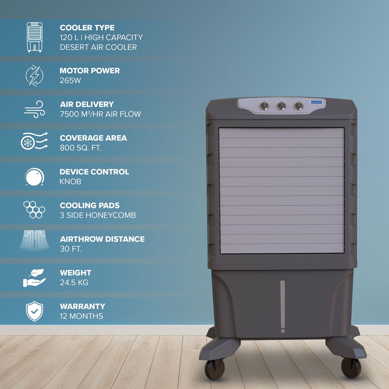 Blue Star Mega 120 Litres Desert Air Cooler with Thermal Overload Protection (Inverter Compatible, Grey)_5