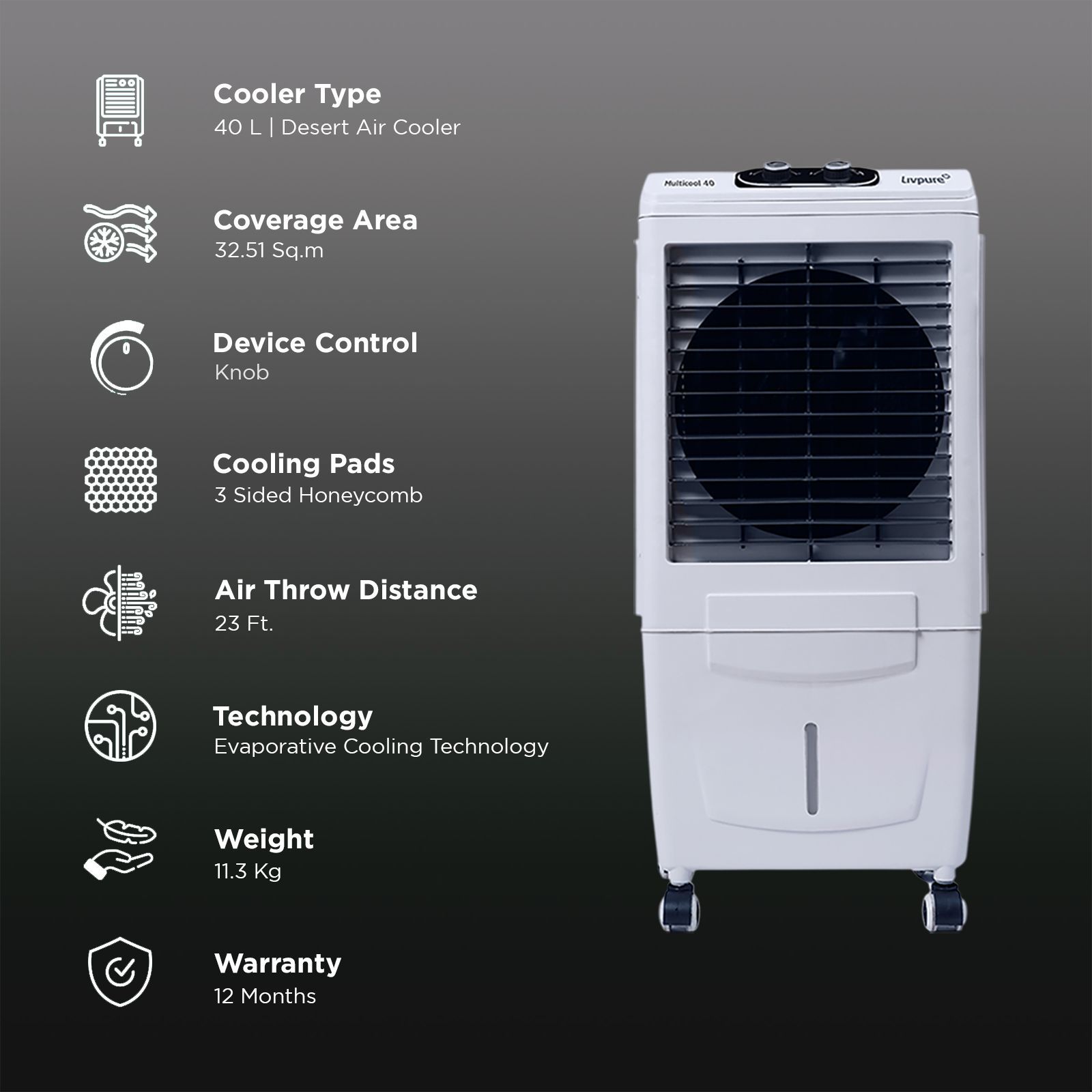 Livpure Multicool 40 Litres Desert Air Cooler with Evaporative Cooling Technology (Inverter Compatible, White & Blue)_3