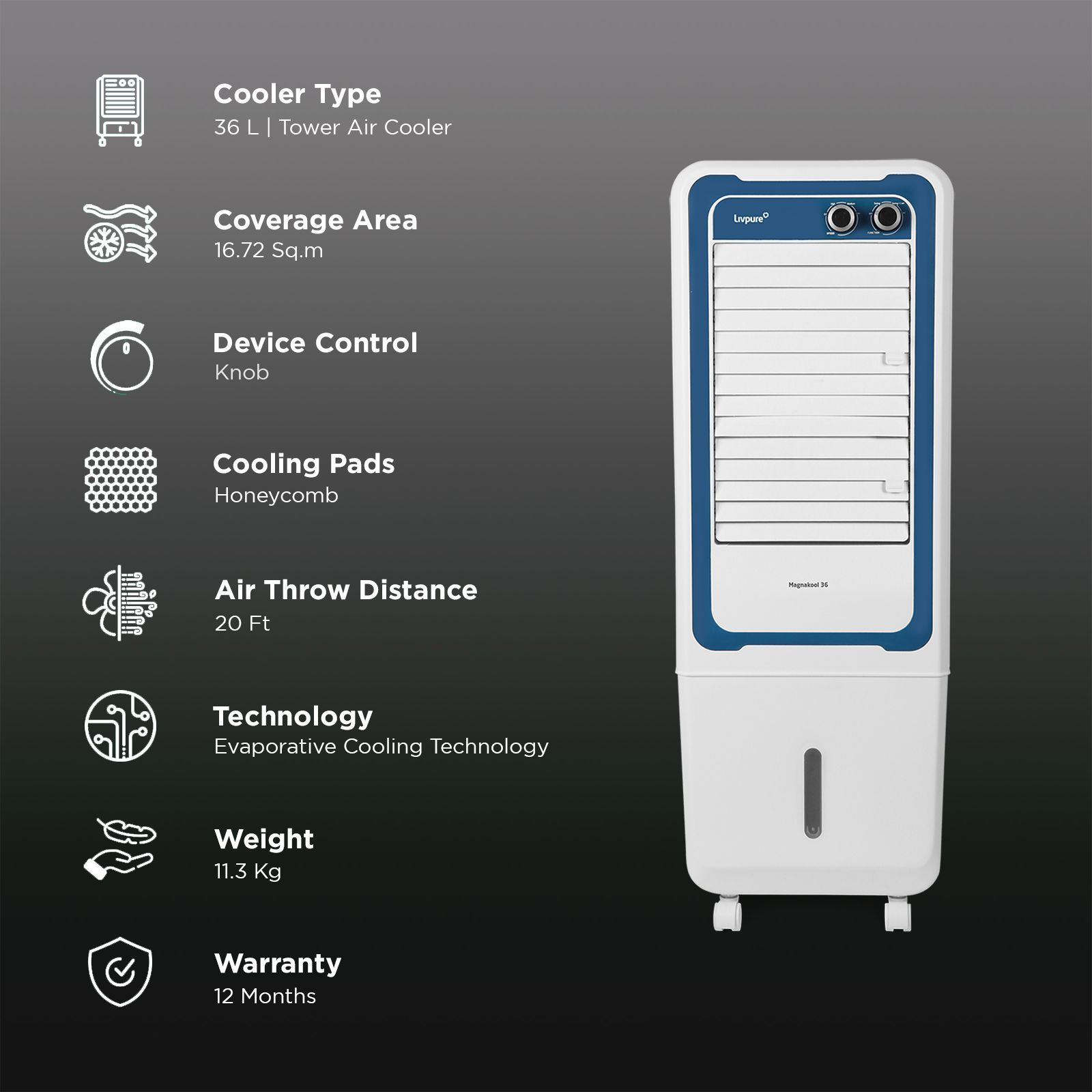 Livpure Magnakool 36 Litres Tower Air Cooler with Evaporative Cooling Technology (Inverter Compatible, White & Blue)_3