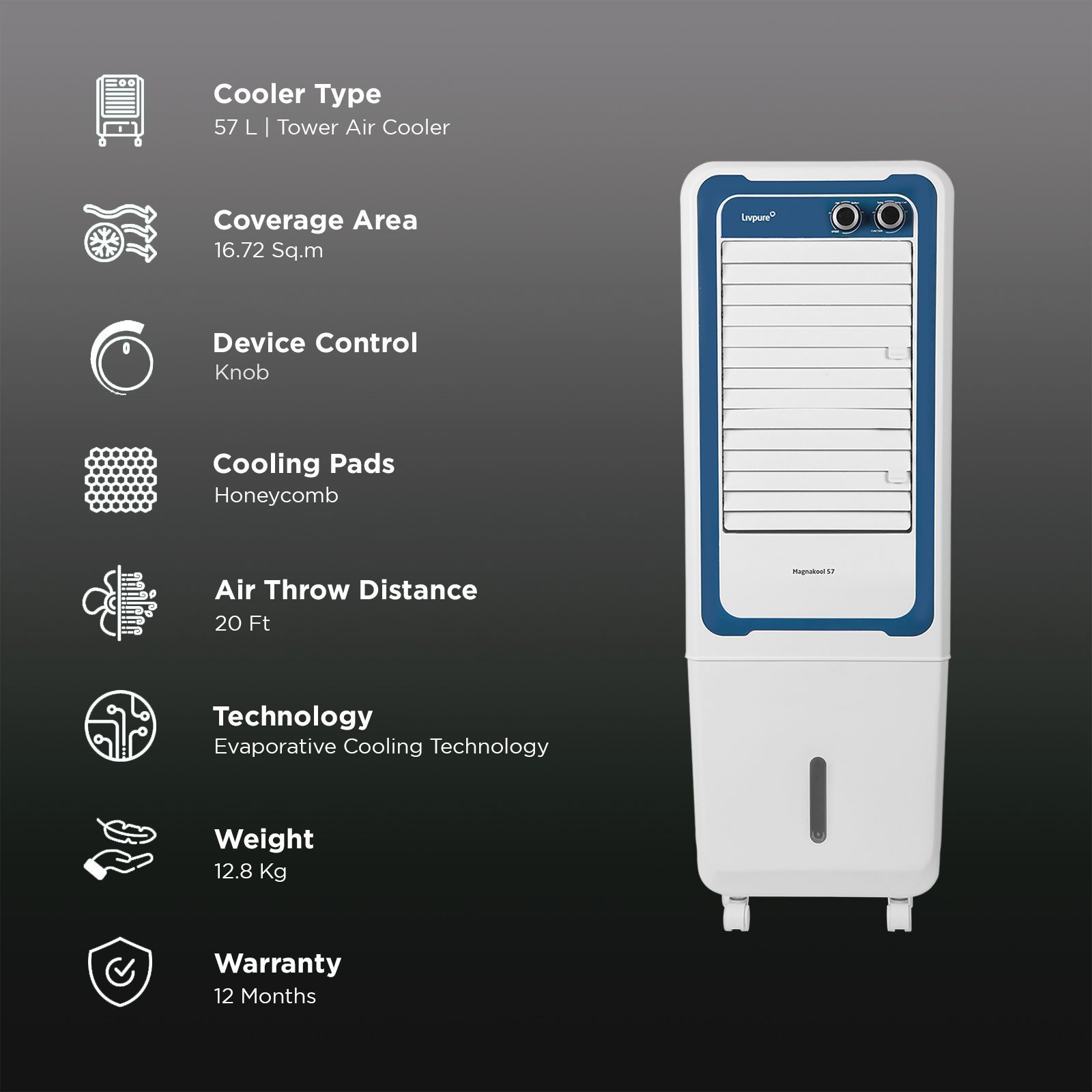 Livpure Magnakool 57 Litres Tower Air Cooler with Evaporative Cooling Technology (Inverter Compatible, White & Blue)_3